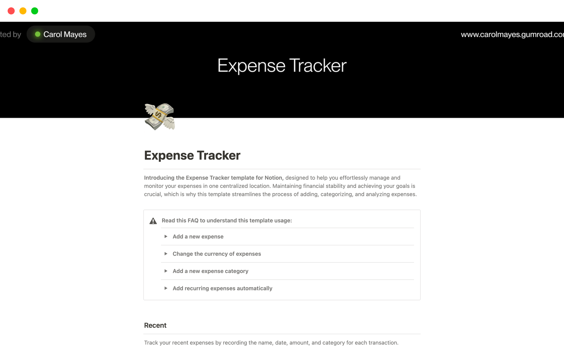 Vista previa de plantilla para Expense Tracker