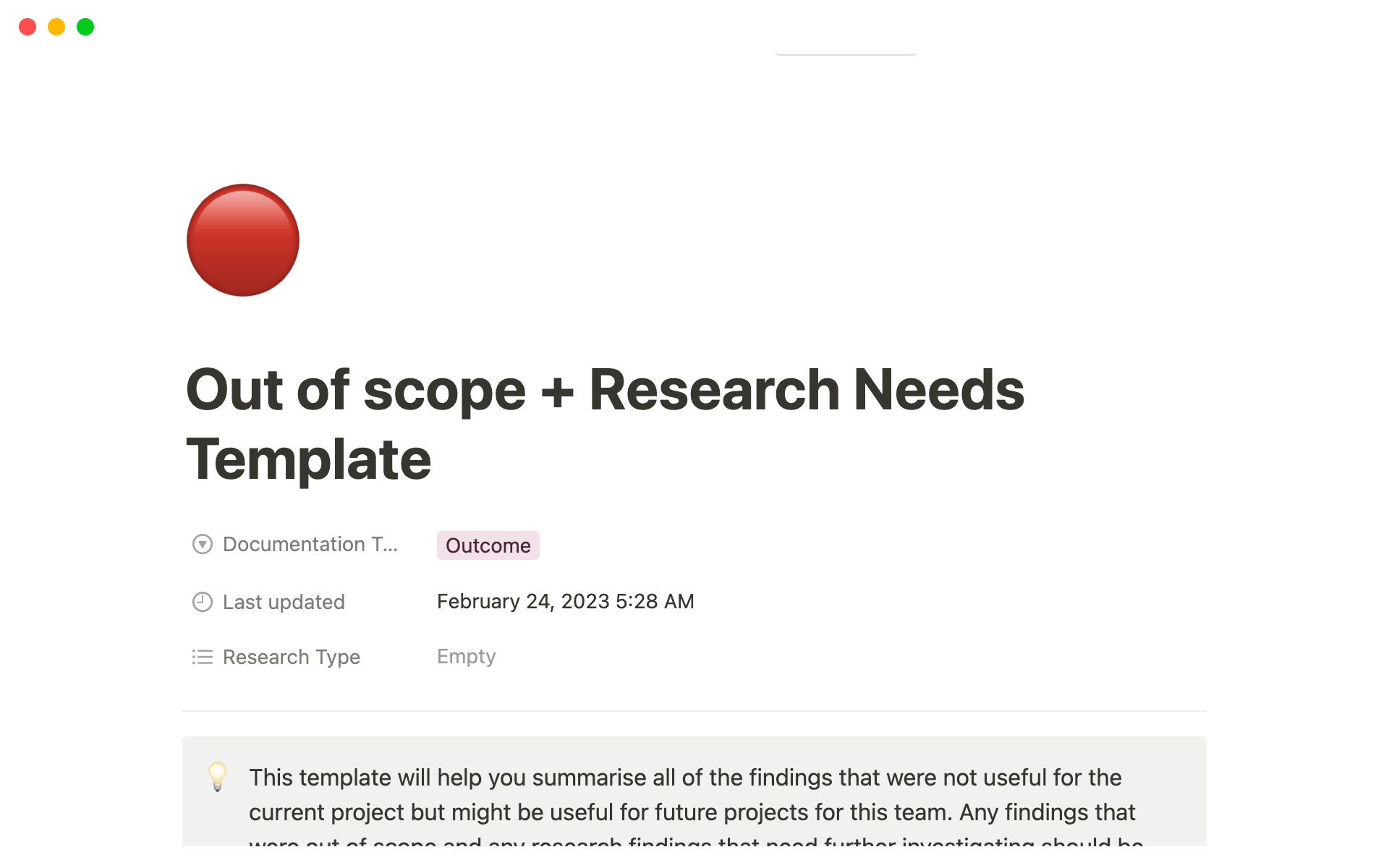 A template preview for Out of Scope + Research Needs Template
