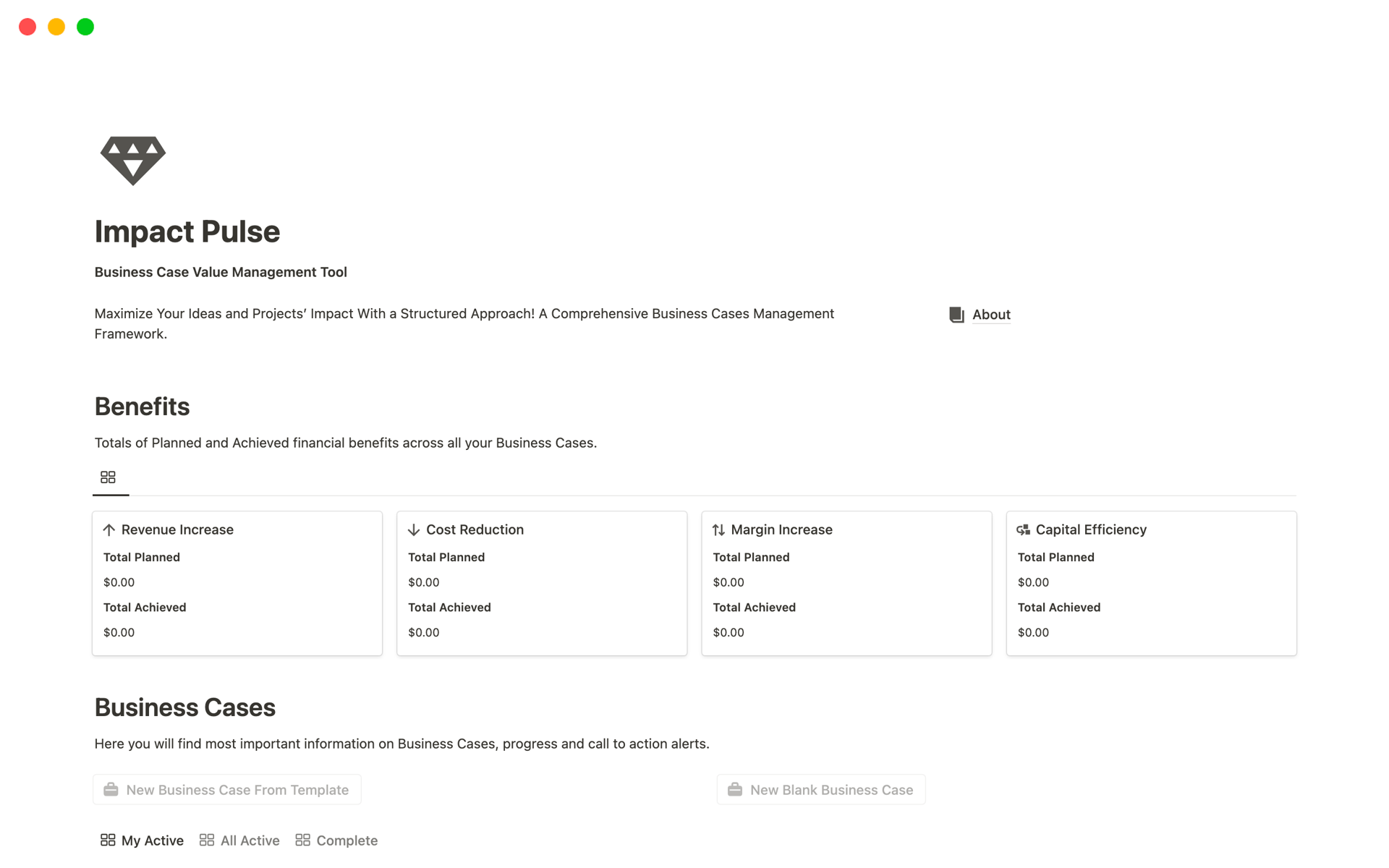 Impact Pulse is a Notion template rooted in 15 years of expertise, guiding you from creating outputs to realizing benefits. It offers structured management for business cases, outputs, outcomes, and benefits, ensuring your efforts lead to meaningful results.