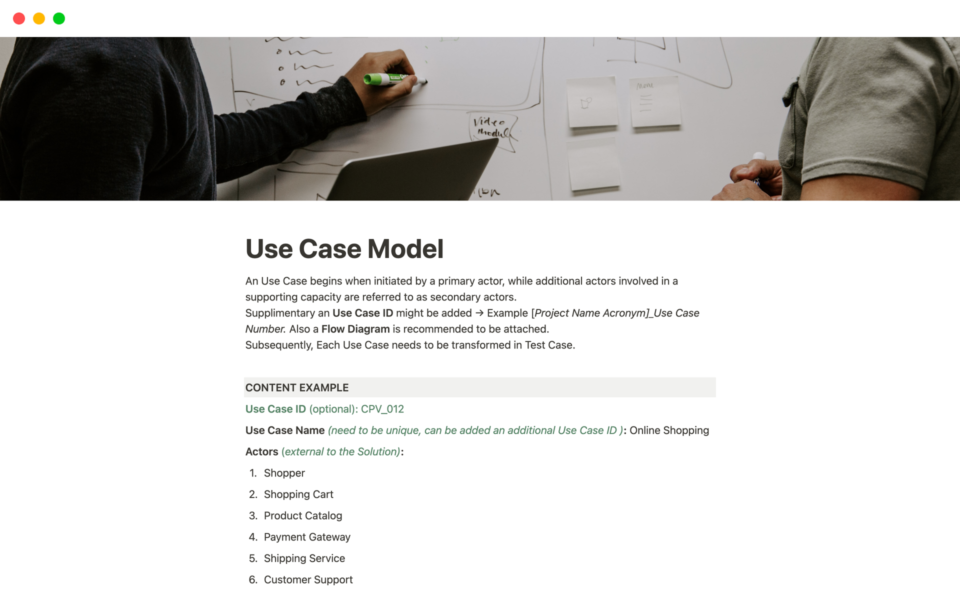 A template preview for Use Case Model