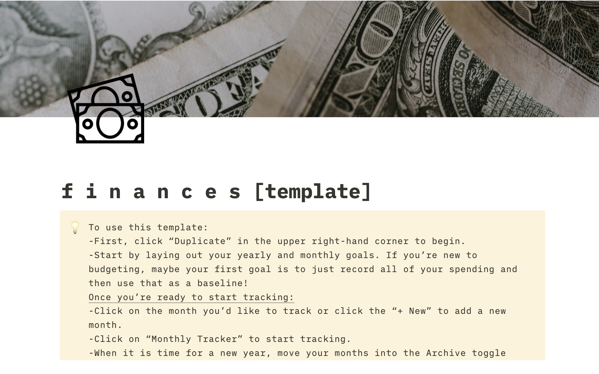 A template preview for Simple Notion Finance Template