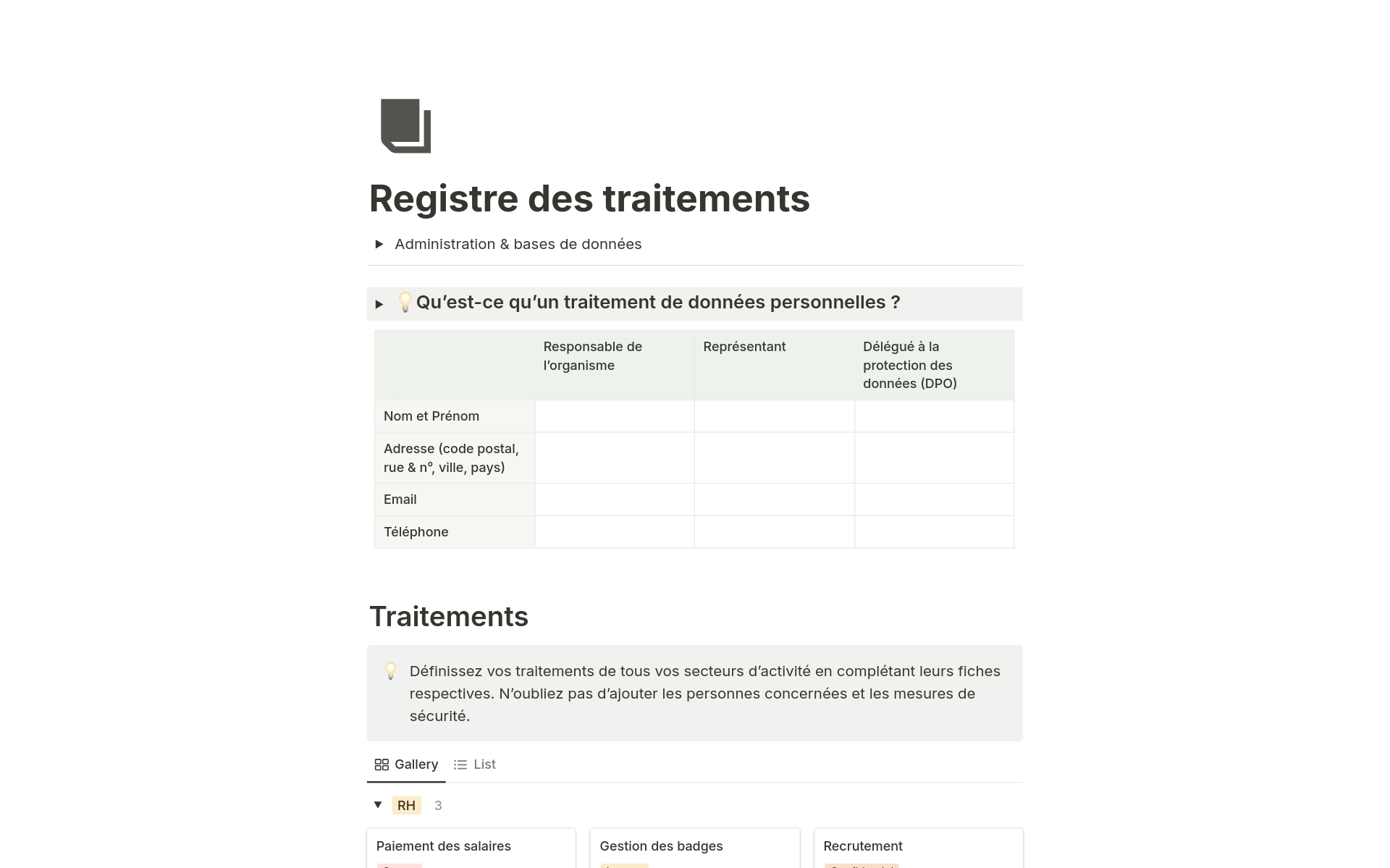A template preview for Registre des traitements