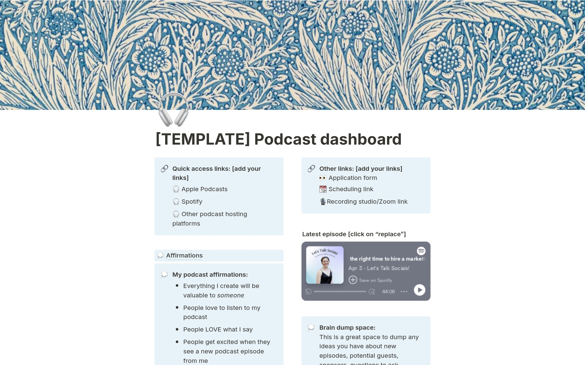 A template preview for Podcast dashboard