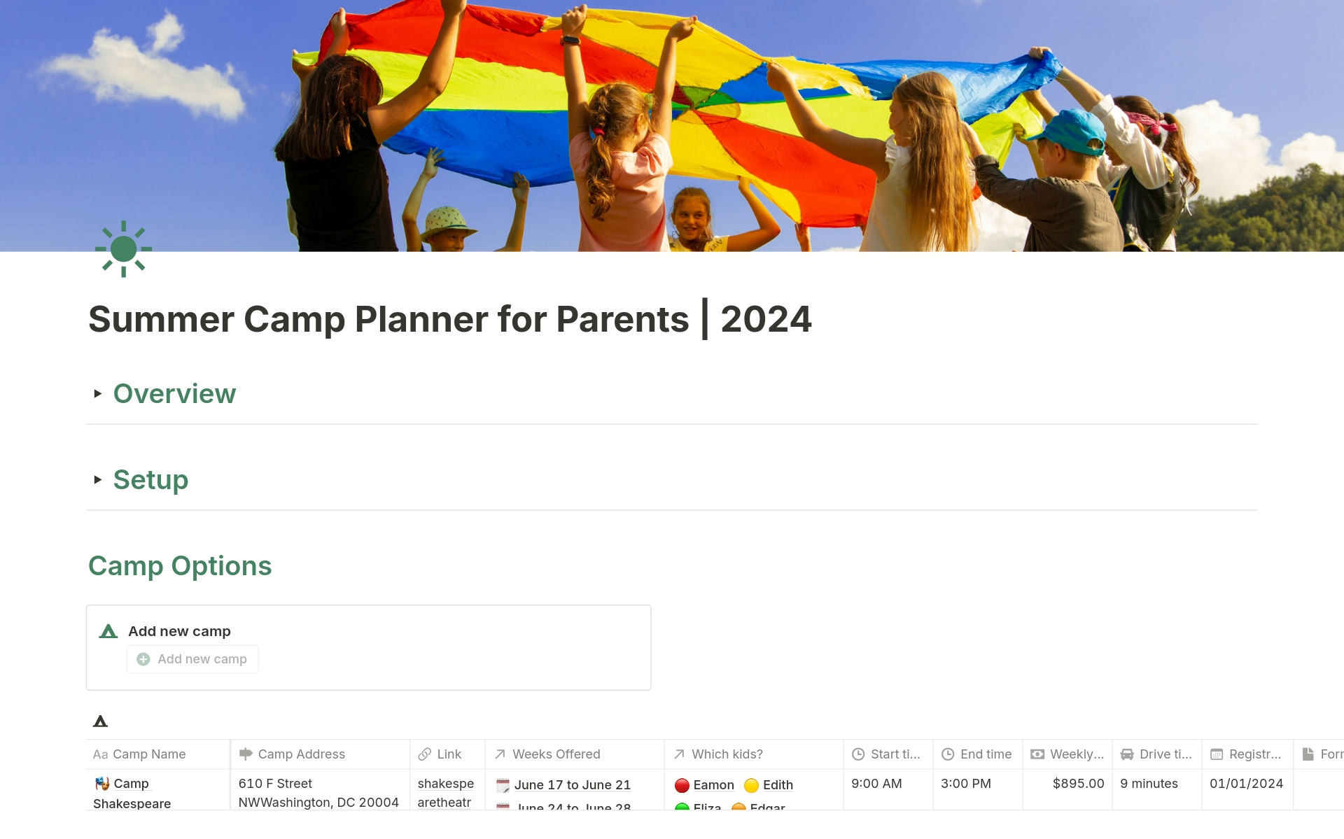 Summer Camp Planner for Parentsのテンプレートのプレビュー