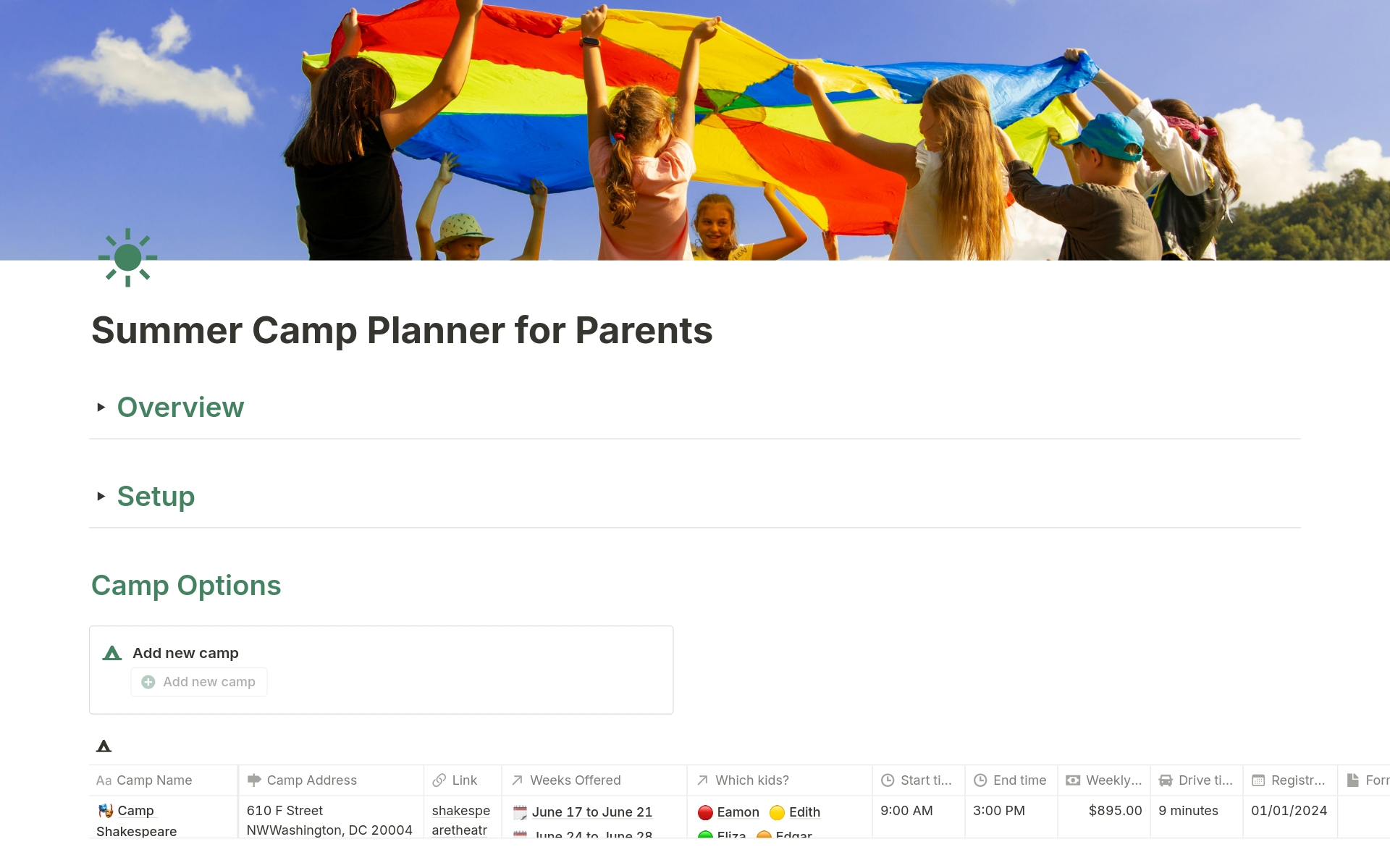 A template preview for Summer Camp Planner for Parents