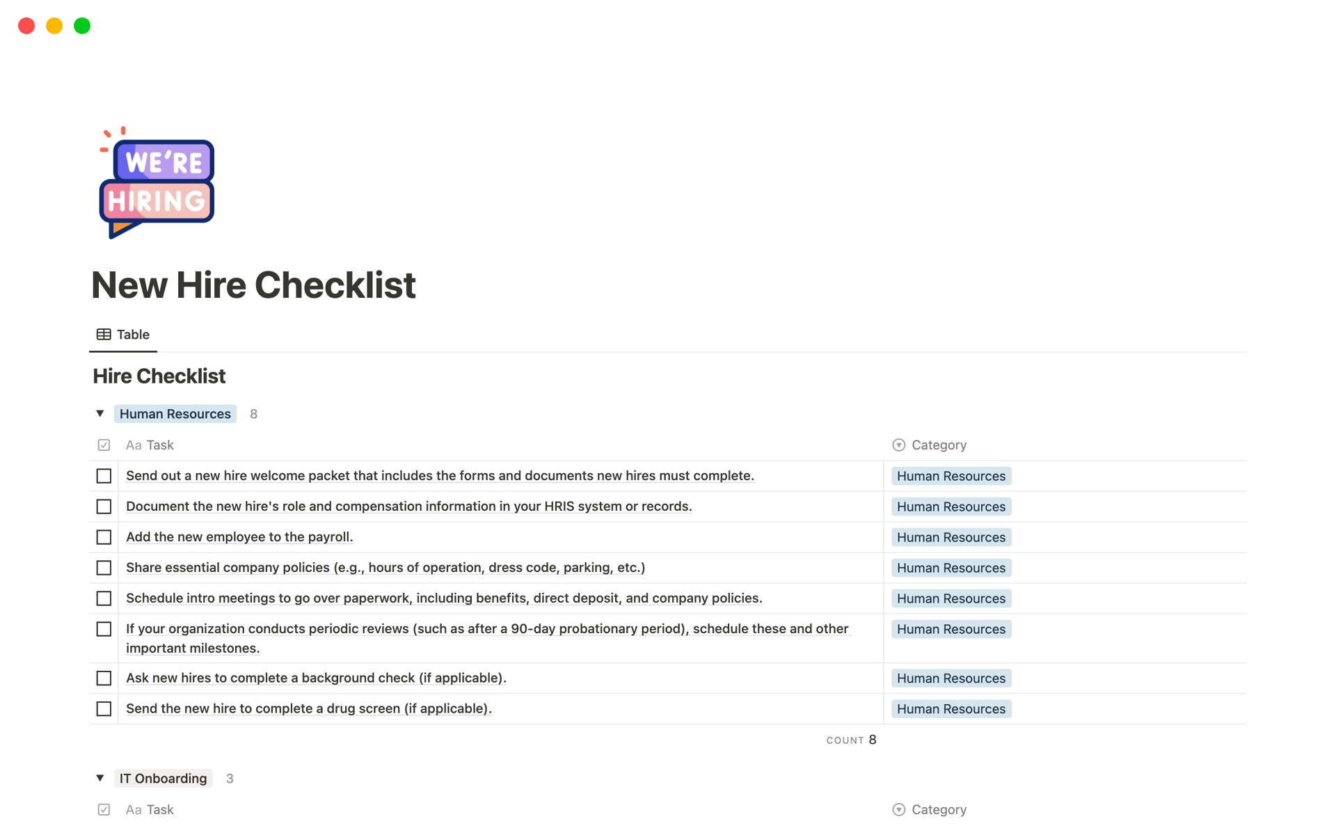 A template preview for New Hire Checklist
