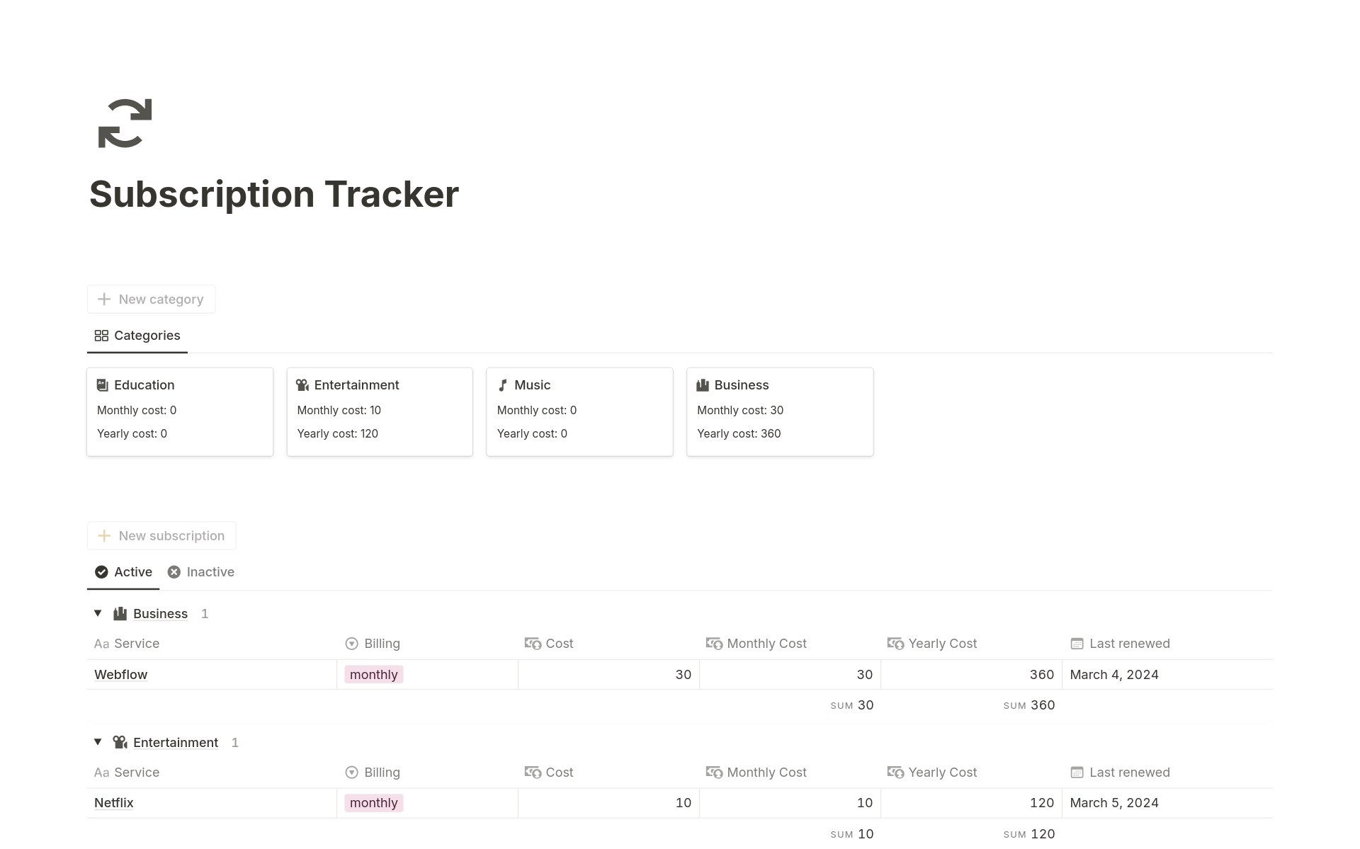 A template preview for Subscription Tracker