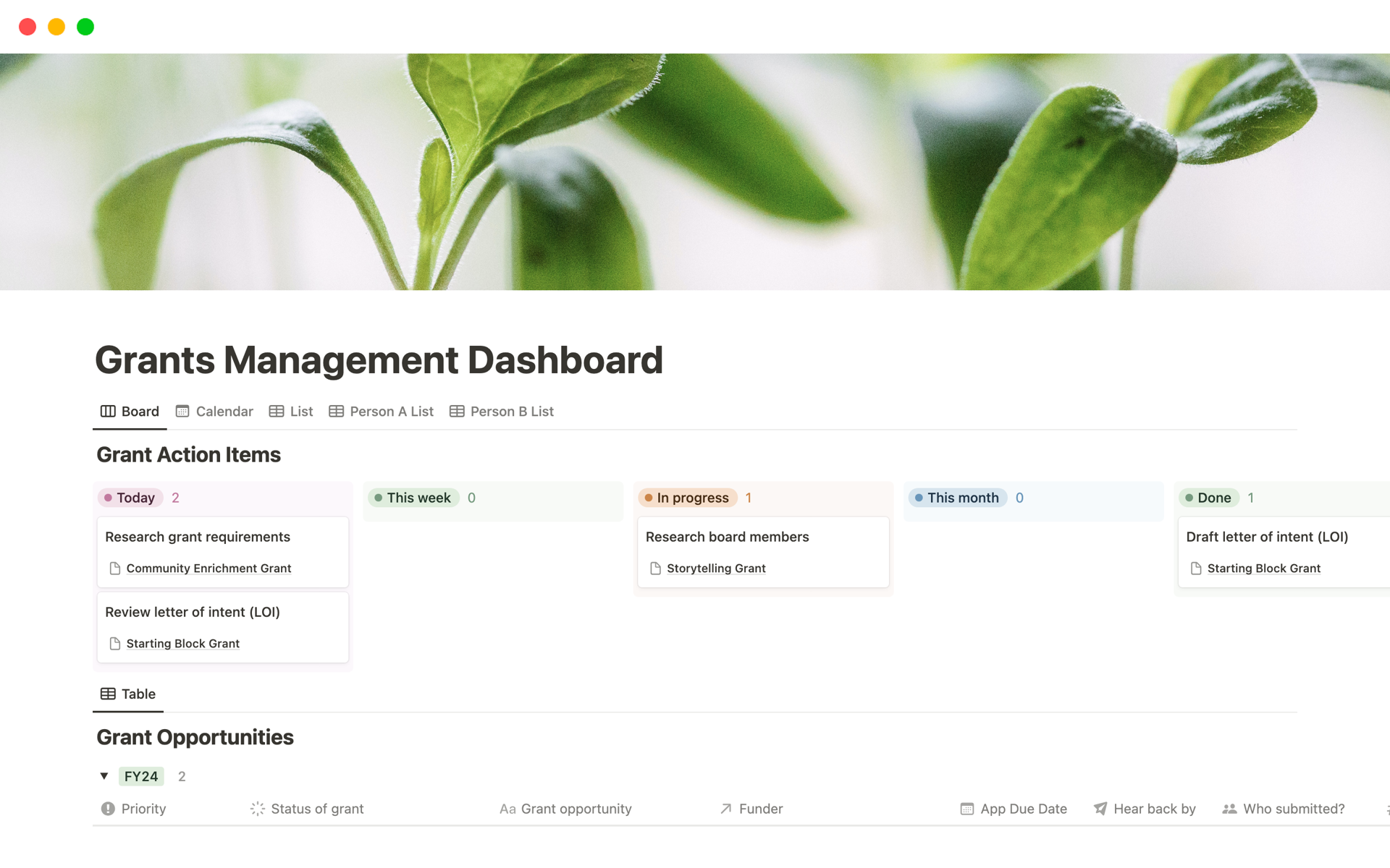 A template preview for Grants Management Dashboard