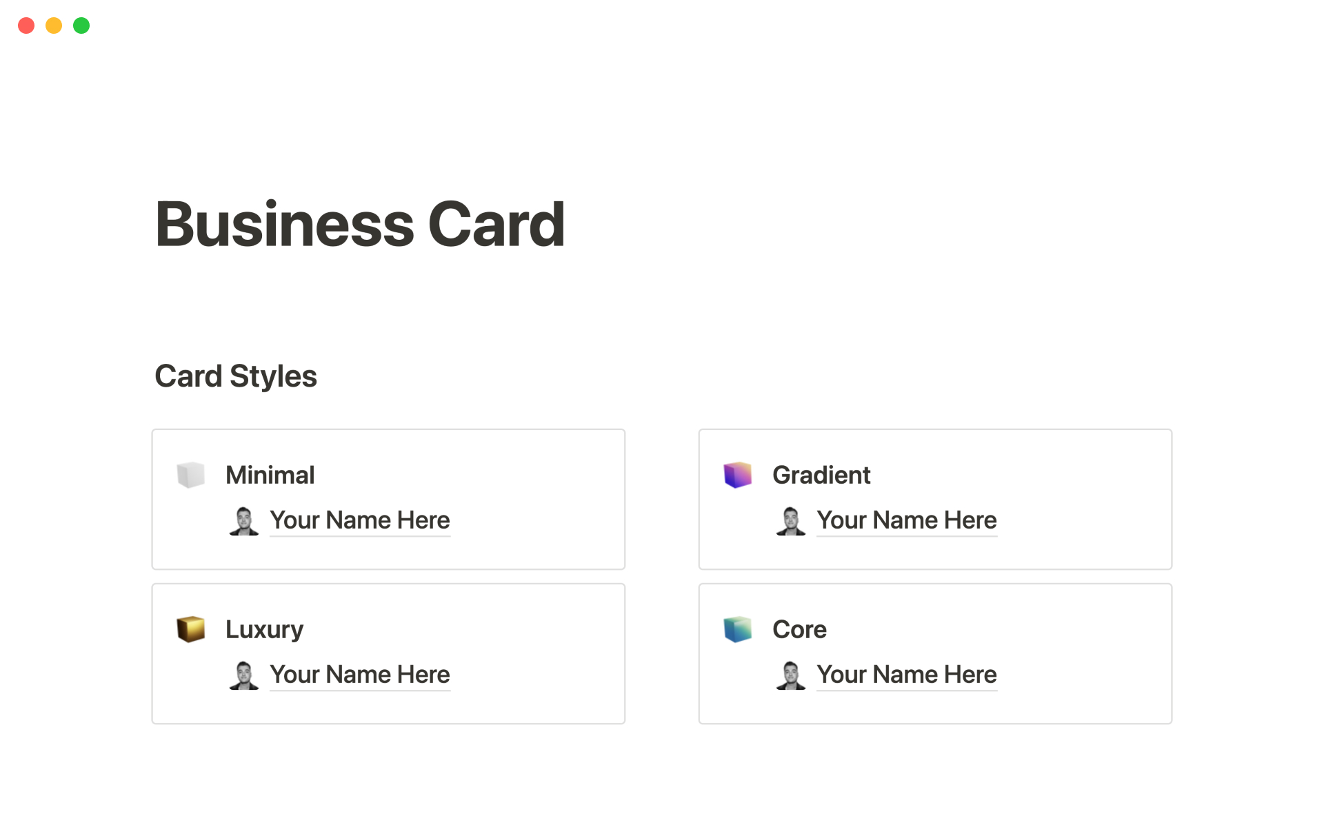 Business cardのテンプレートのプレビュー