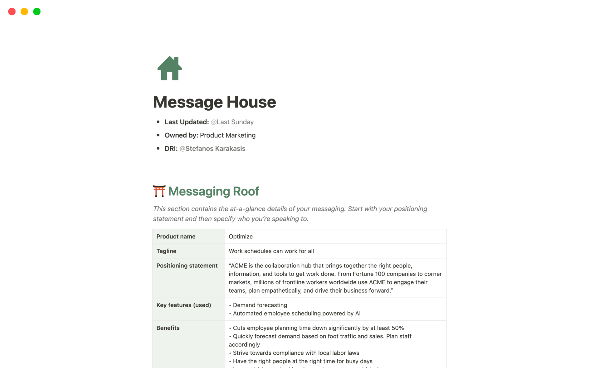 A template preview for Message House