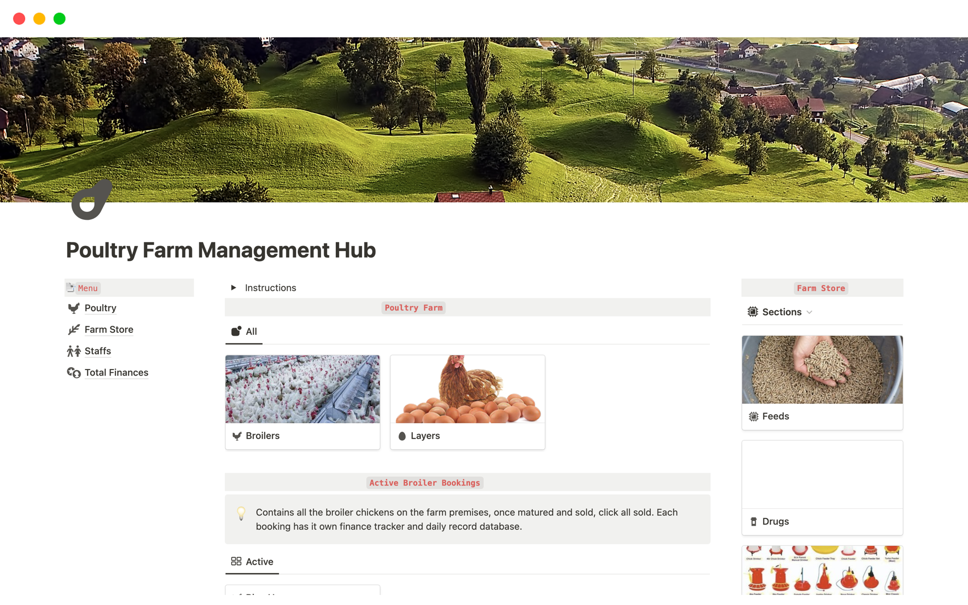 A template preview for Poultry Farm Management