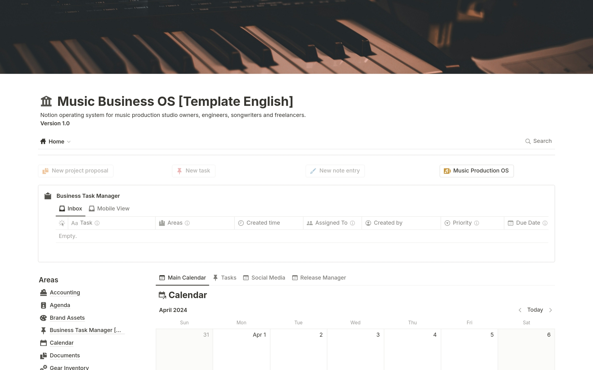En forhåndsvisning av mal for Music Business OS | The Gemz Studios