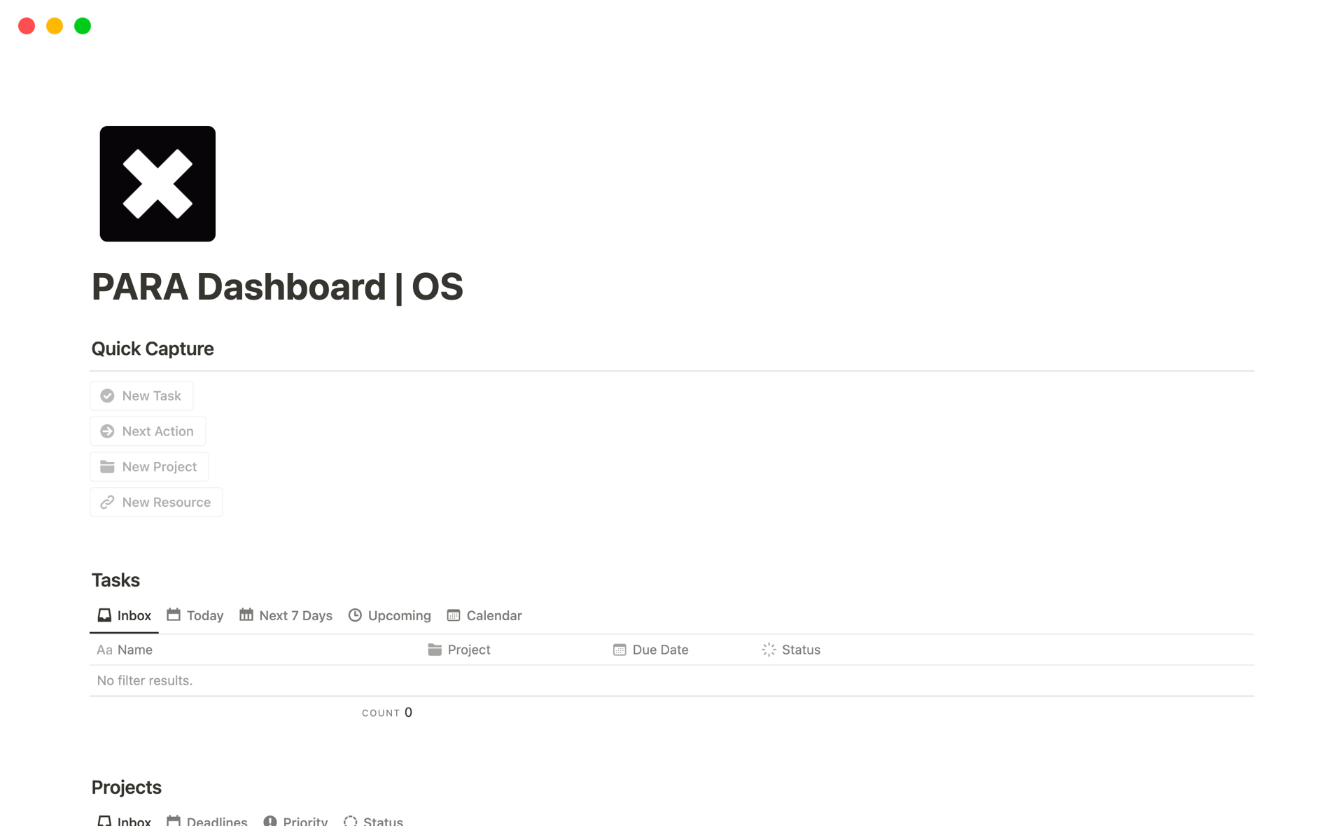 Eine Vorlagenvorschau für PARA Dashboard OS