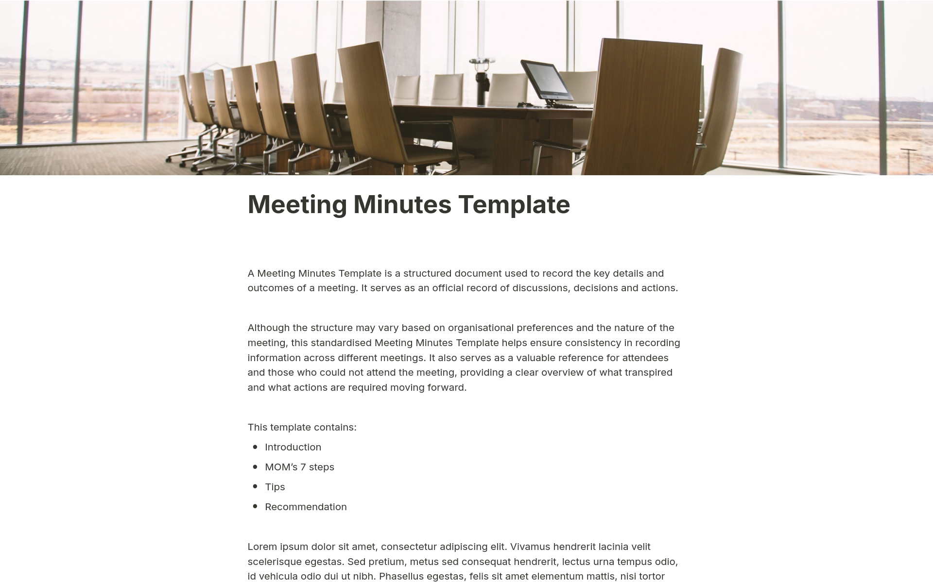 Uma prévia do modelo para Meeting Minutes