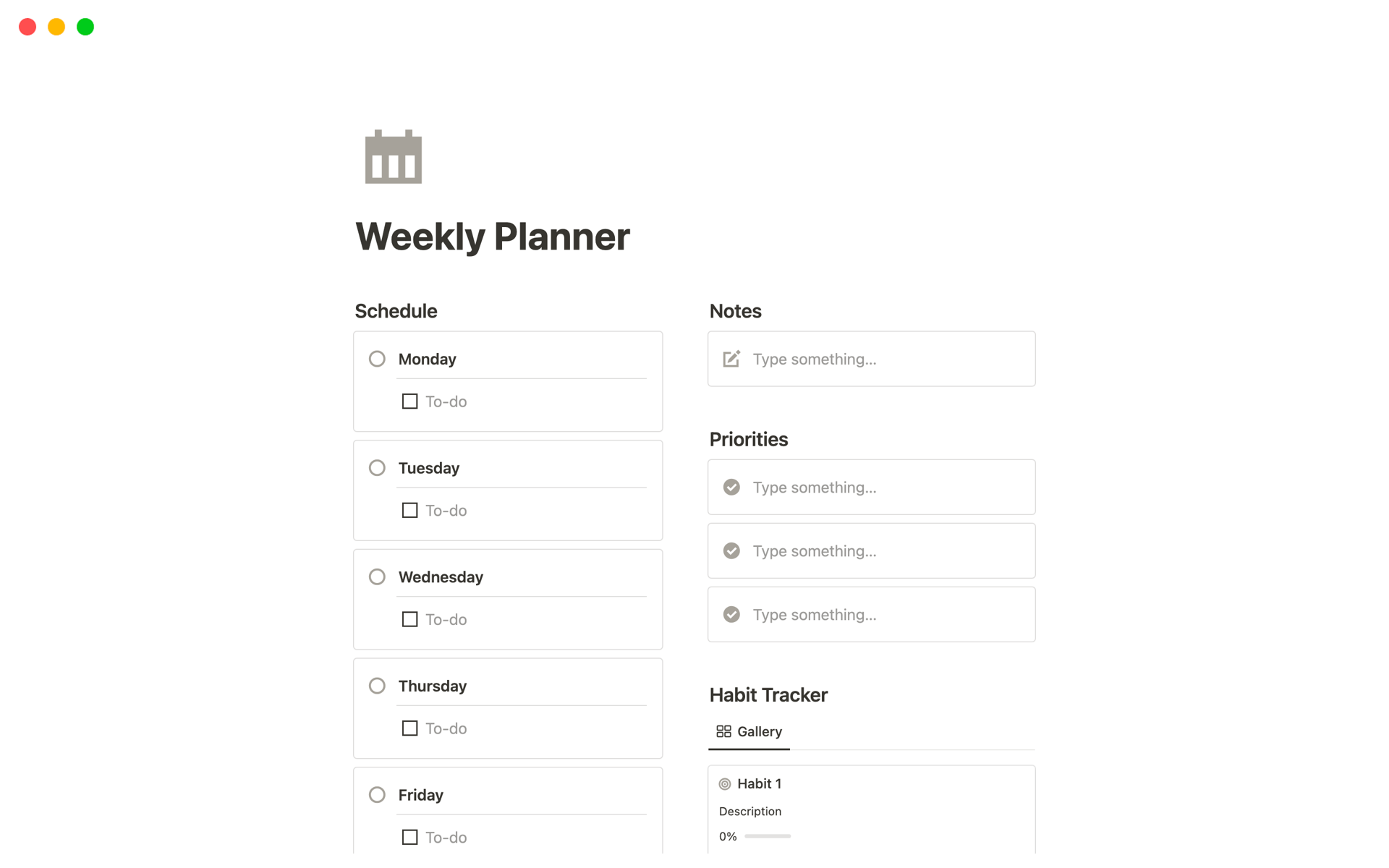 A template preview for Weekly Planner