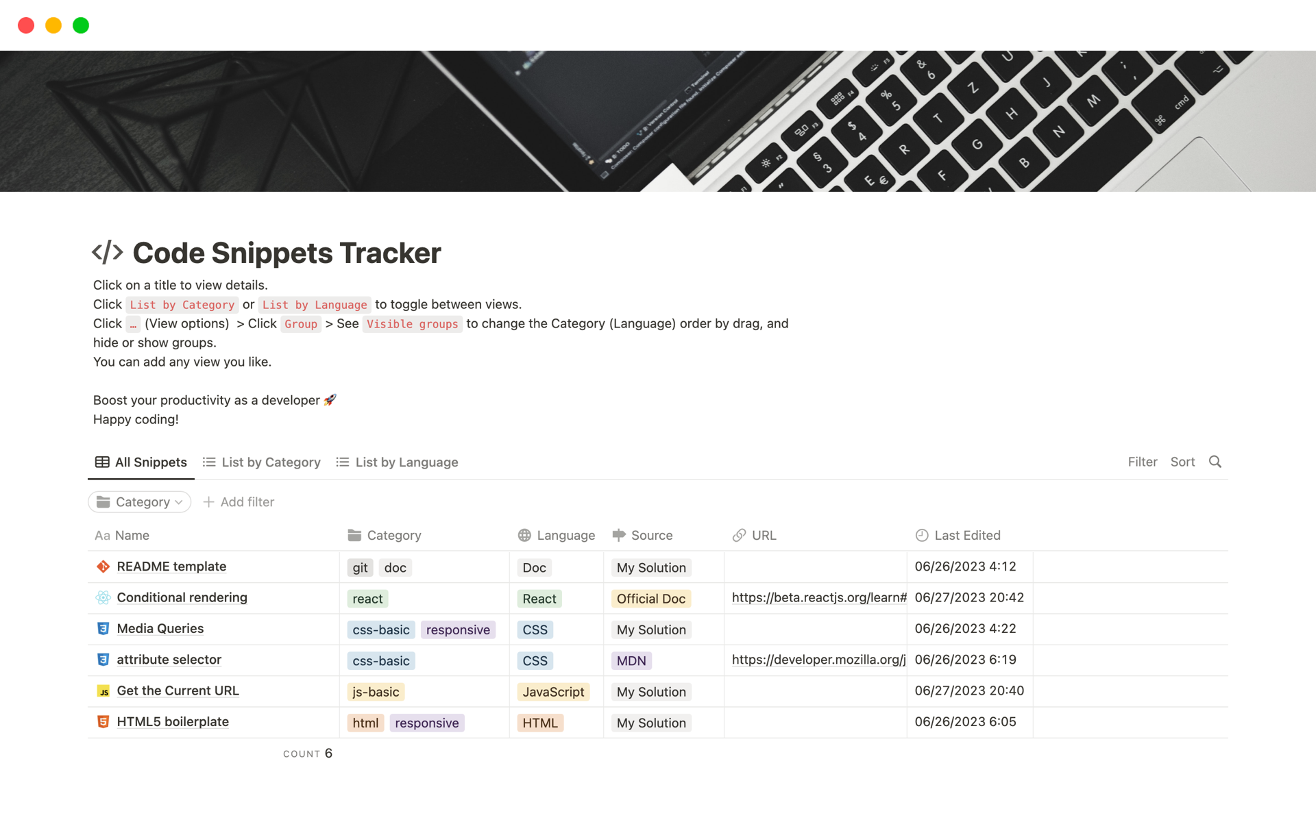 Vista previa de una plantilla para Code Snippets Tracker
