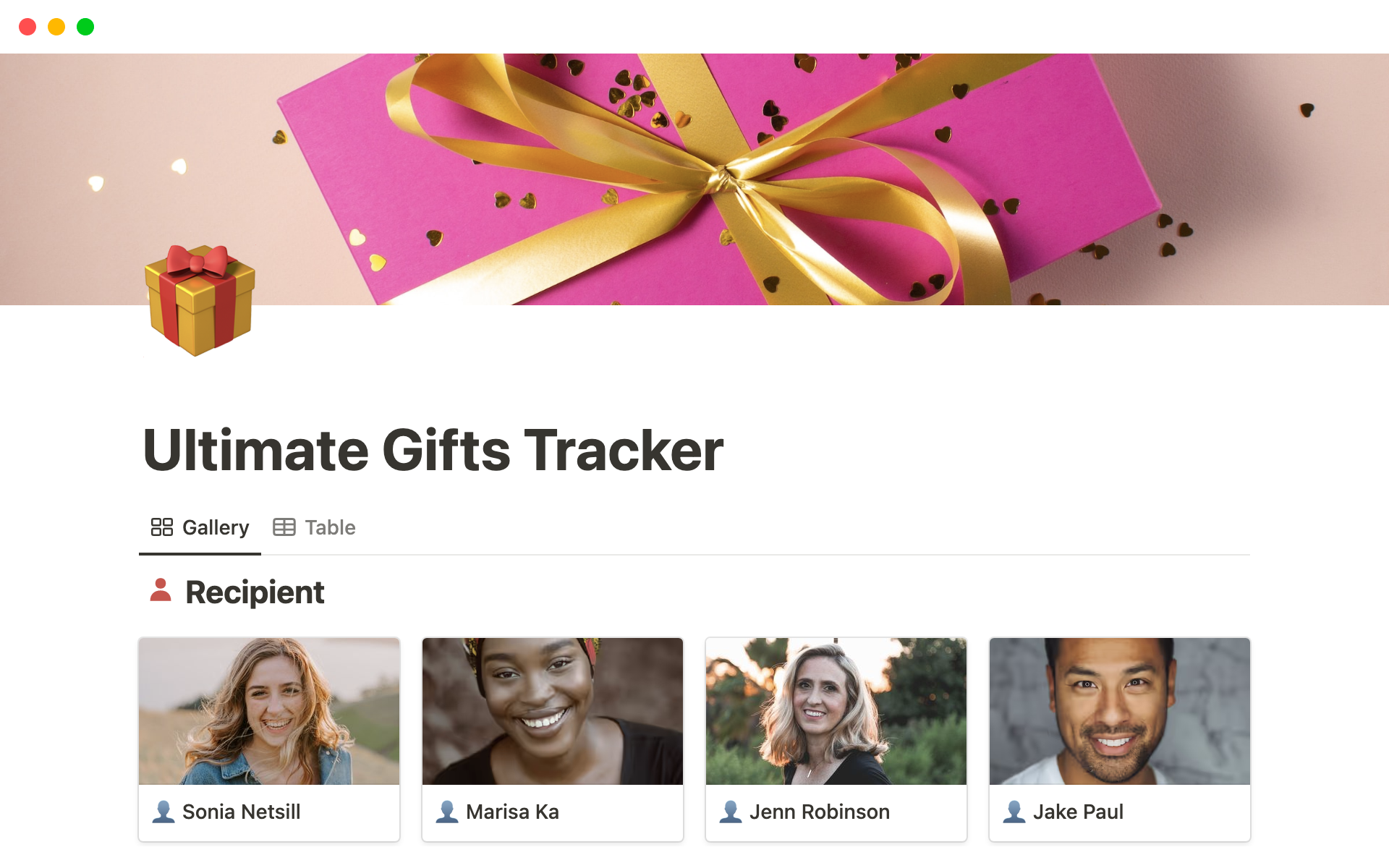 Uma prévia do modelo para Ultimate Gifts Tracker