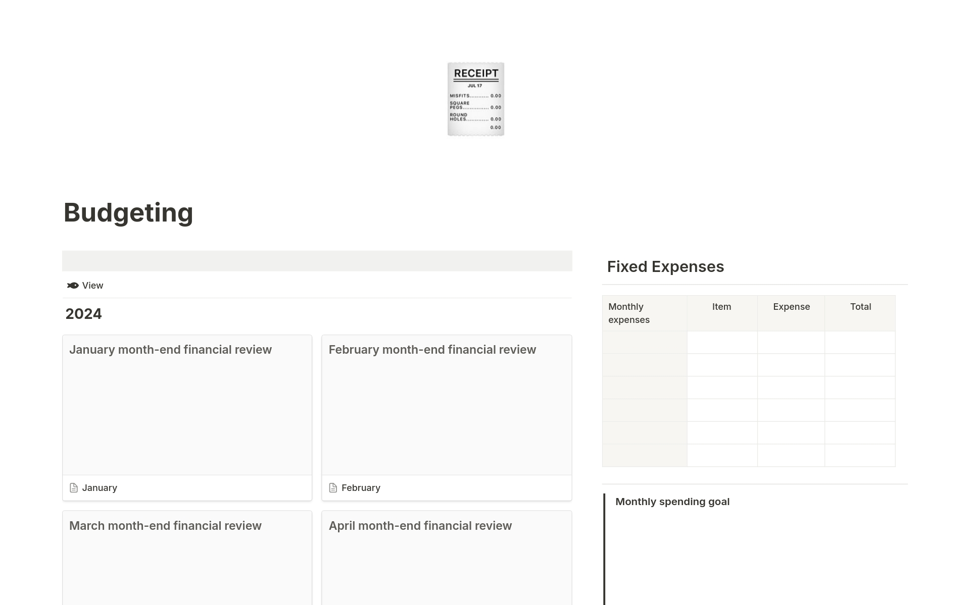 Uma prévia do modelo para Budgeting Dashboard