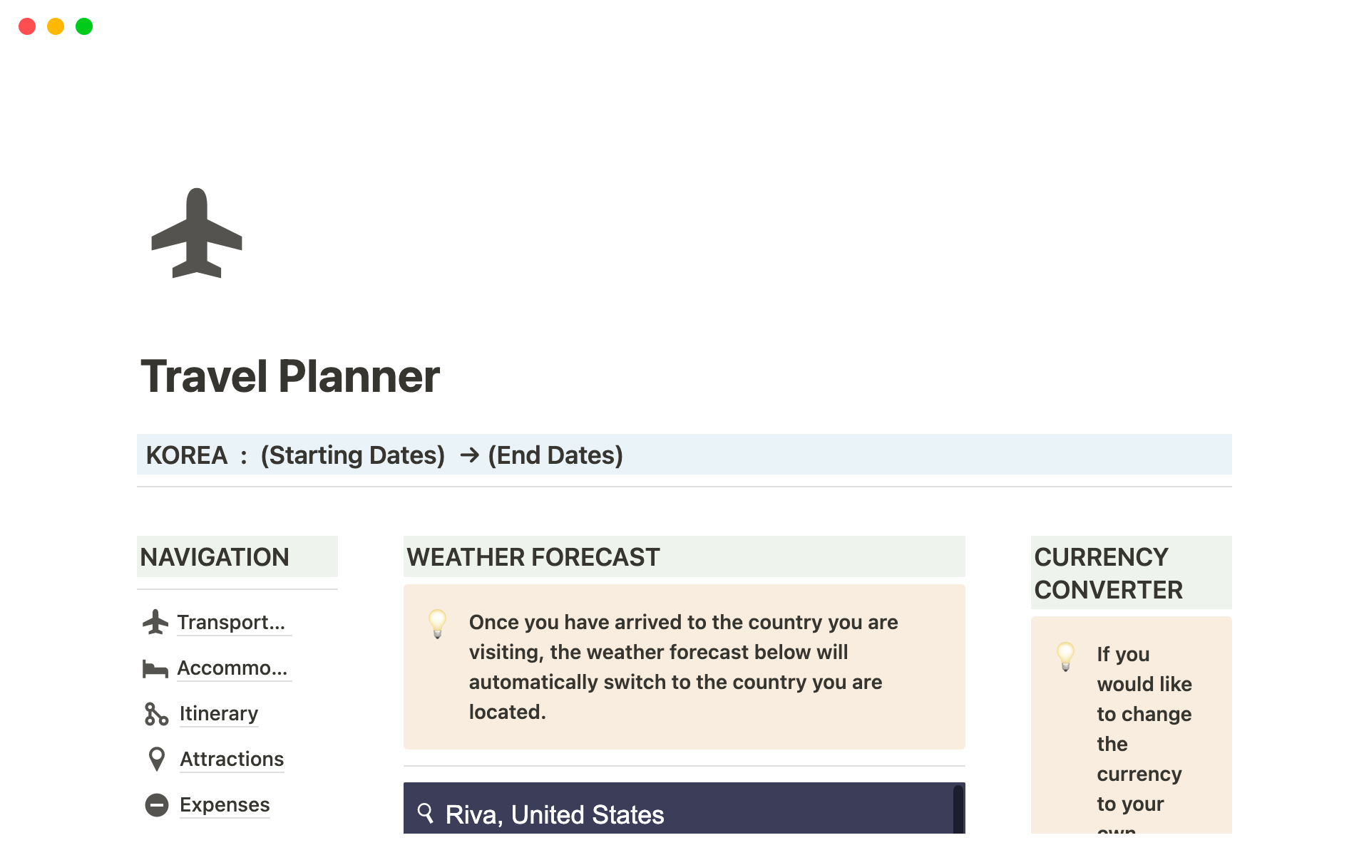 Vista previa de plantilla para Travel Planner