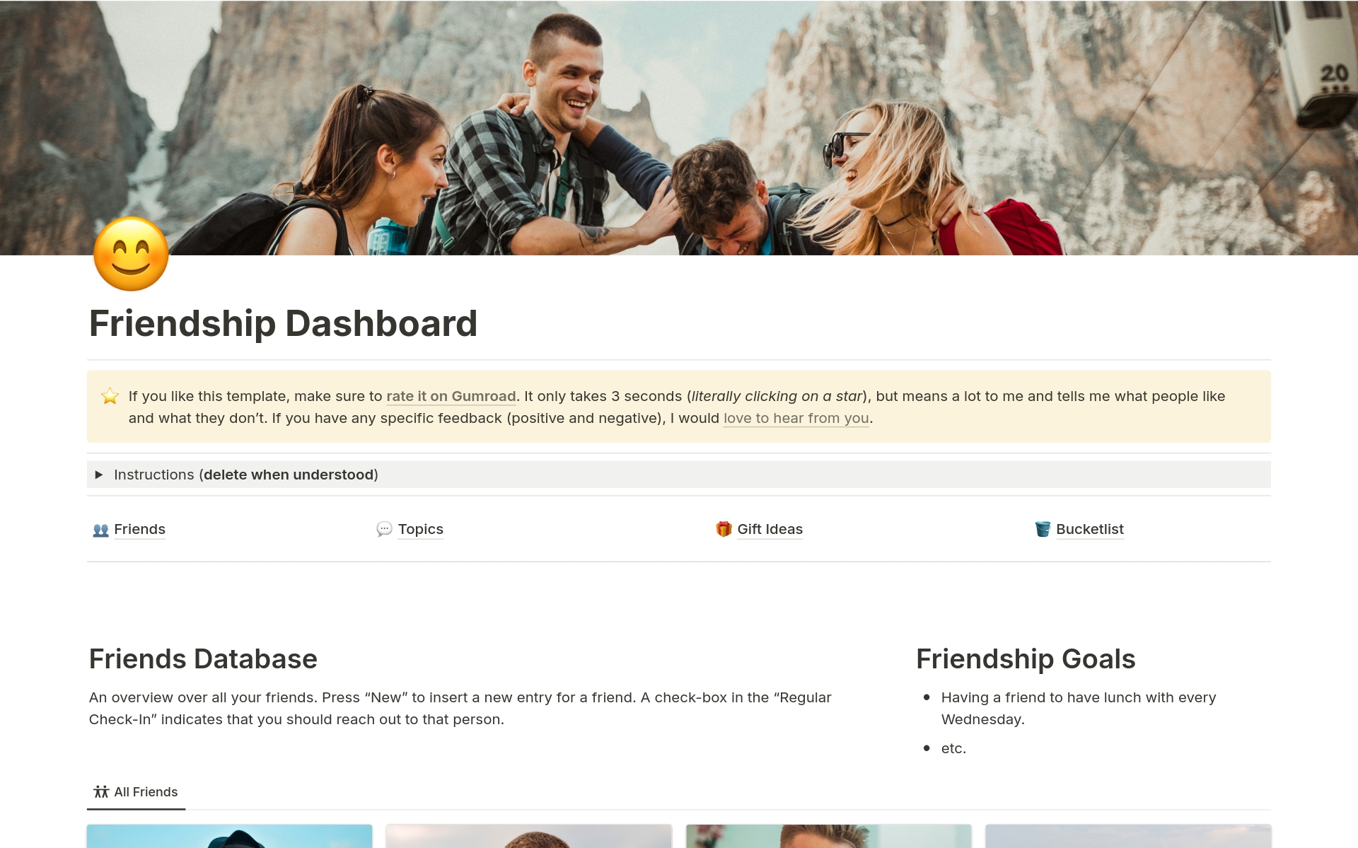 A template preview for Friendship Dashboard