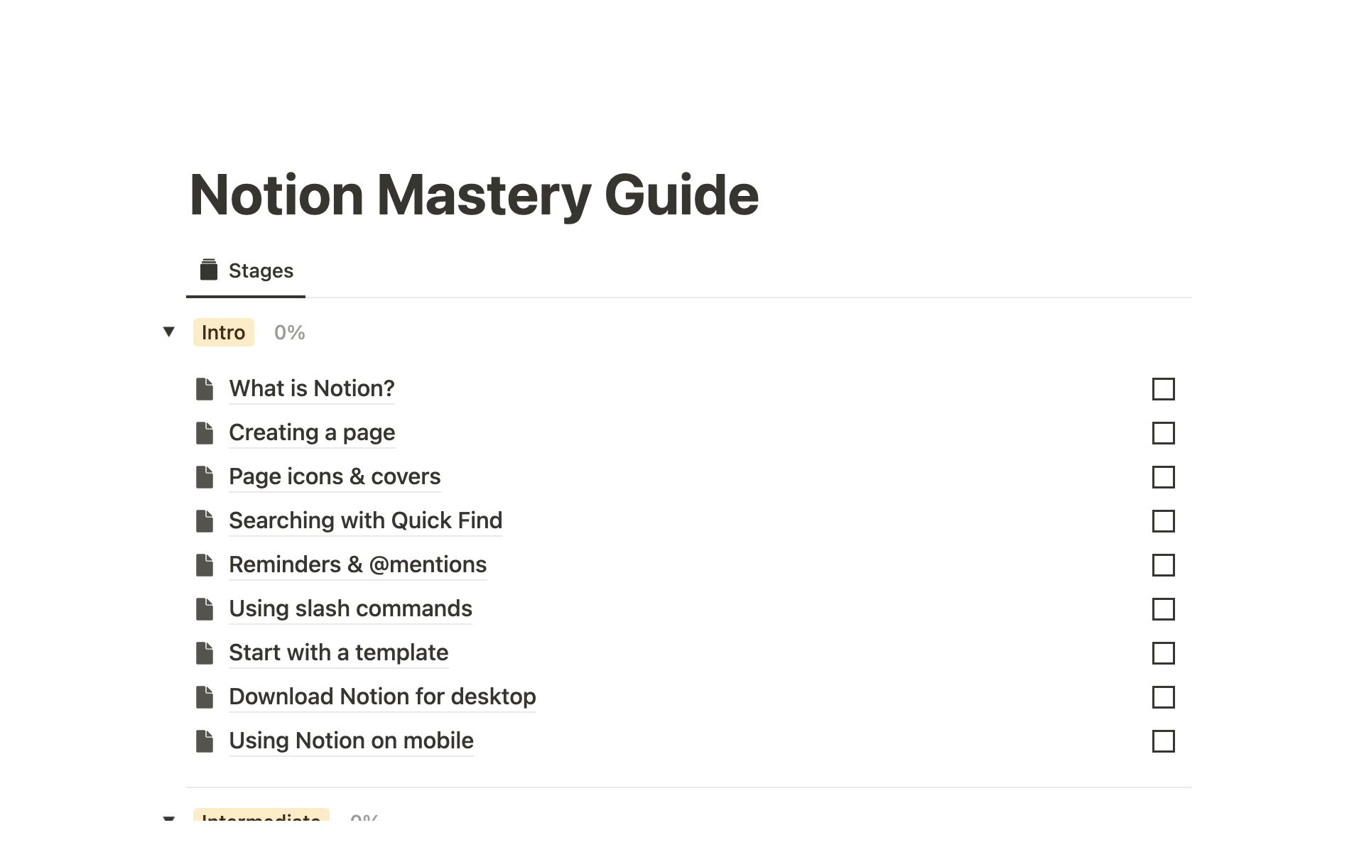 En forhåndsvisning av mal for Notion Mastery Guide