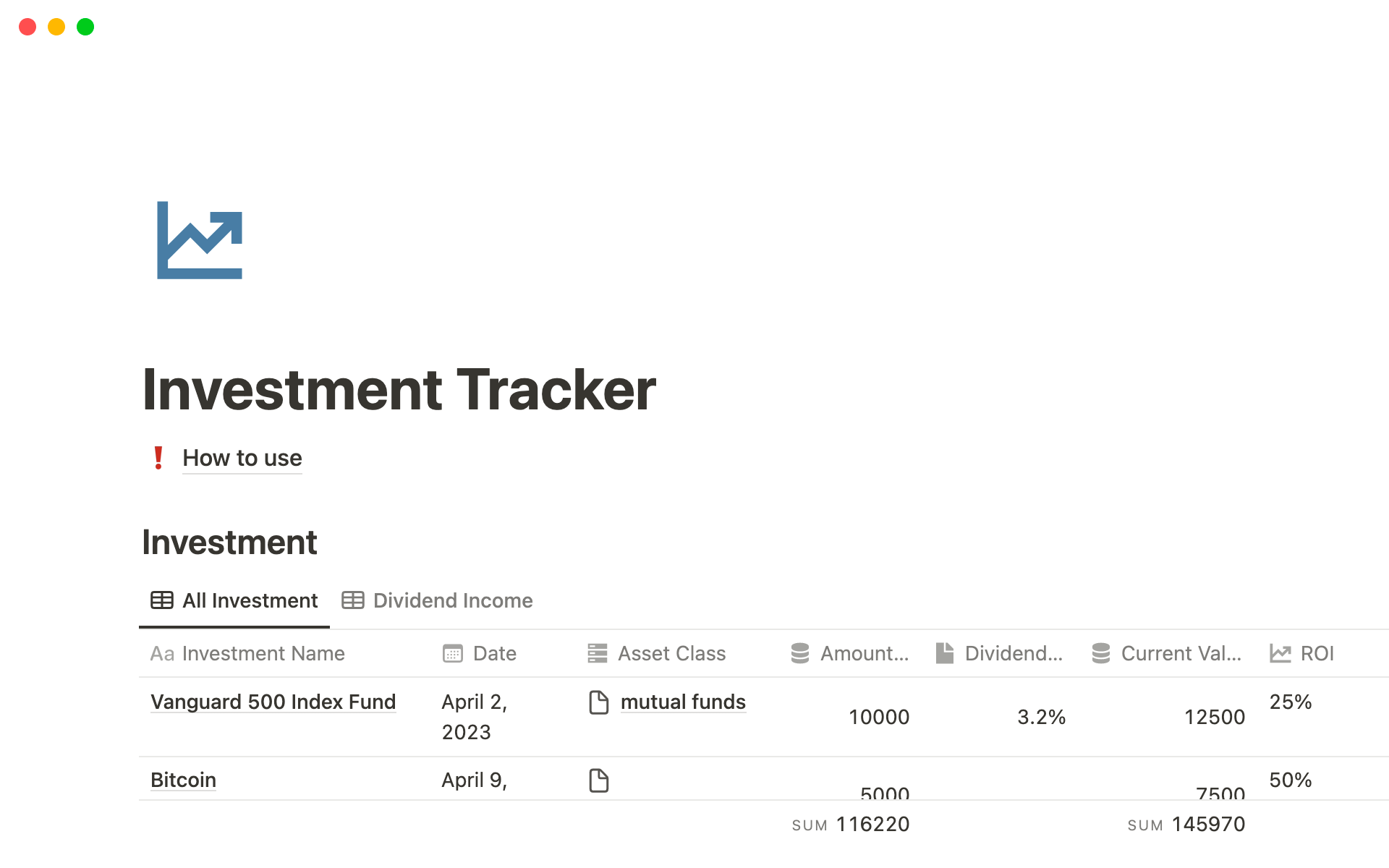 Eine Vorlagenvorschau für Investment Tracker