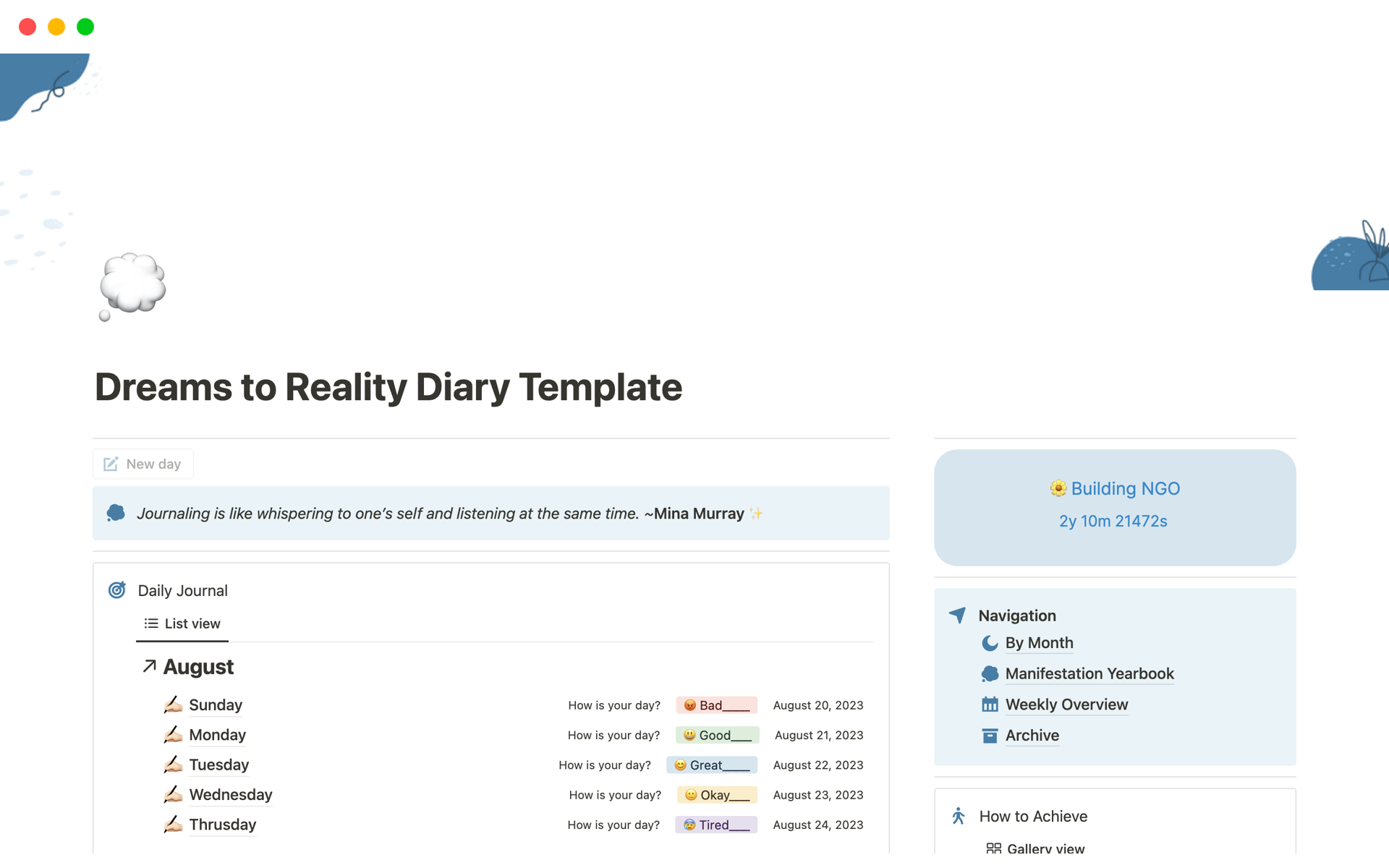 Introducing the "Dreams to Reality Diary Template" – your ultimate companion on the journey from aspirations to achievements.