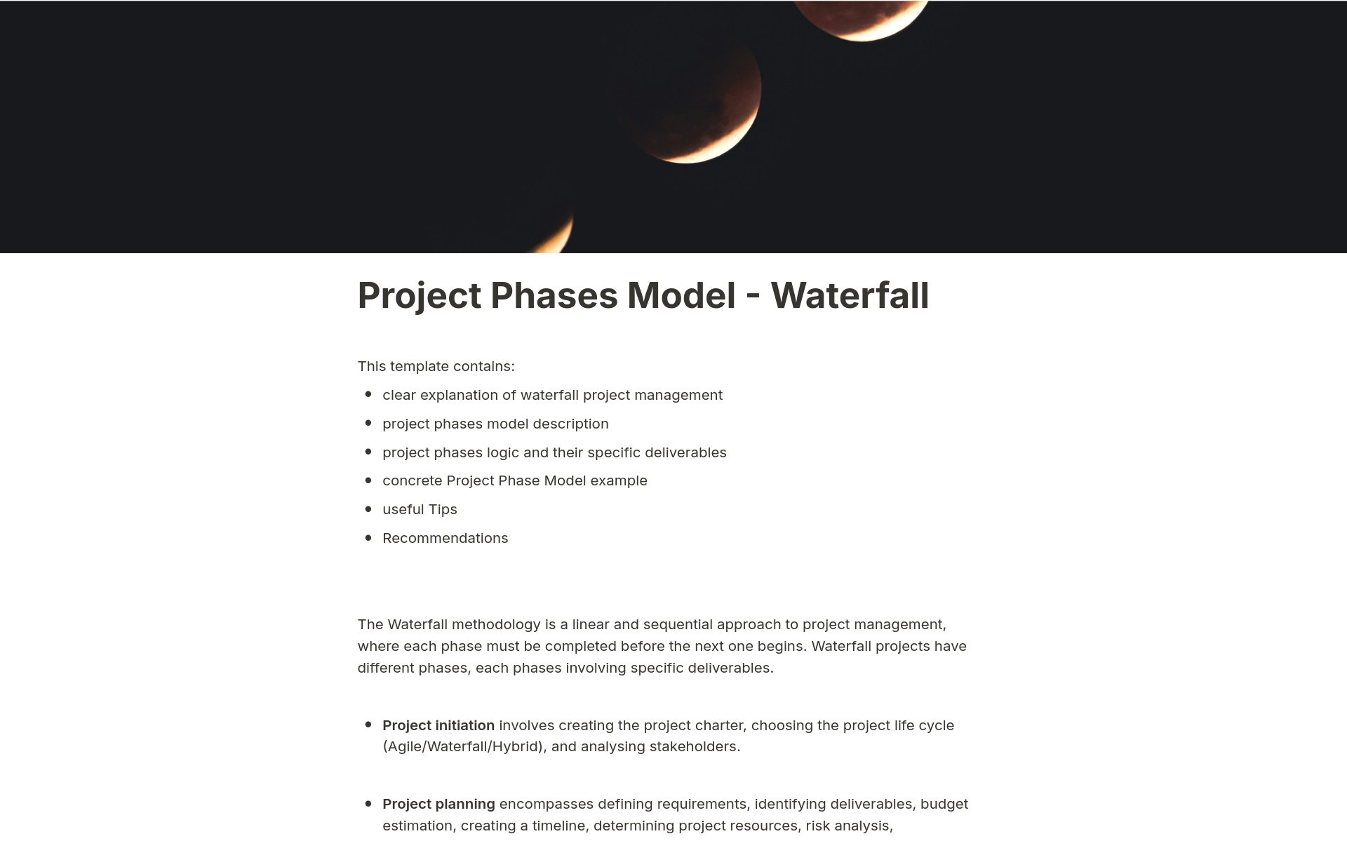 A template preview for Project Phases Model - Waterfall