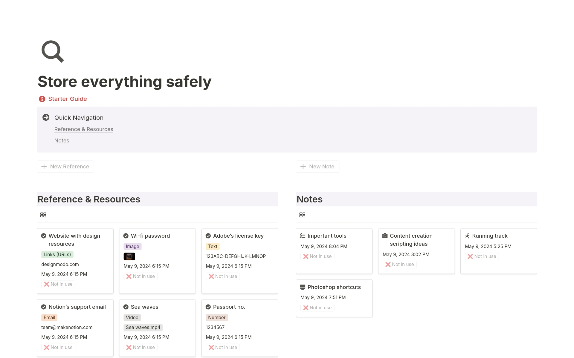 A template preview for Store everything safely