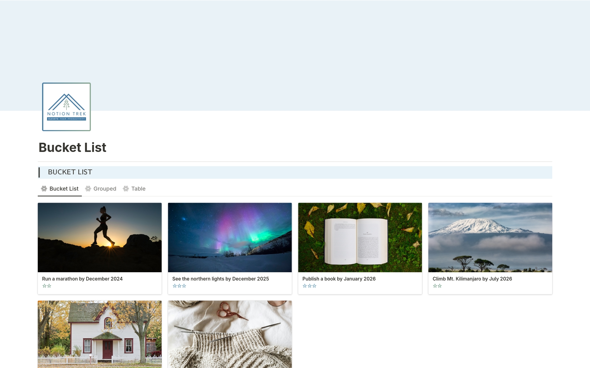 Bucket List by Notion Trek Notion Template