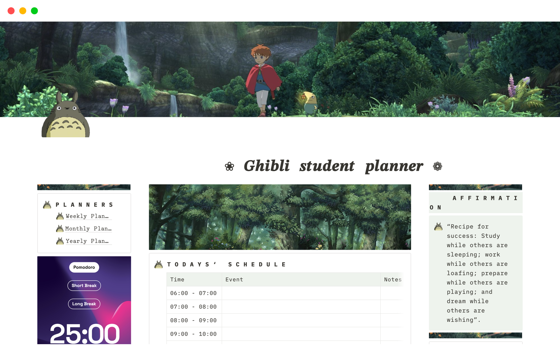 A template preview for Studio Ghibli Student Planner 
