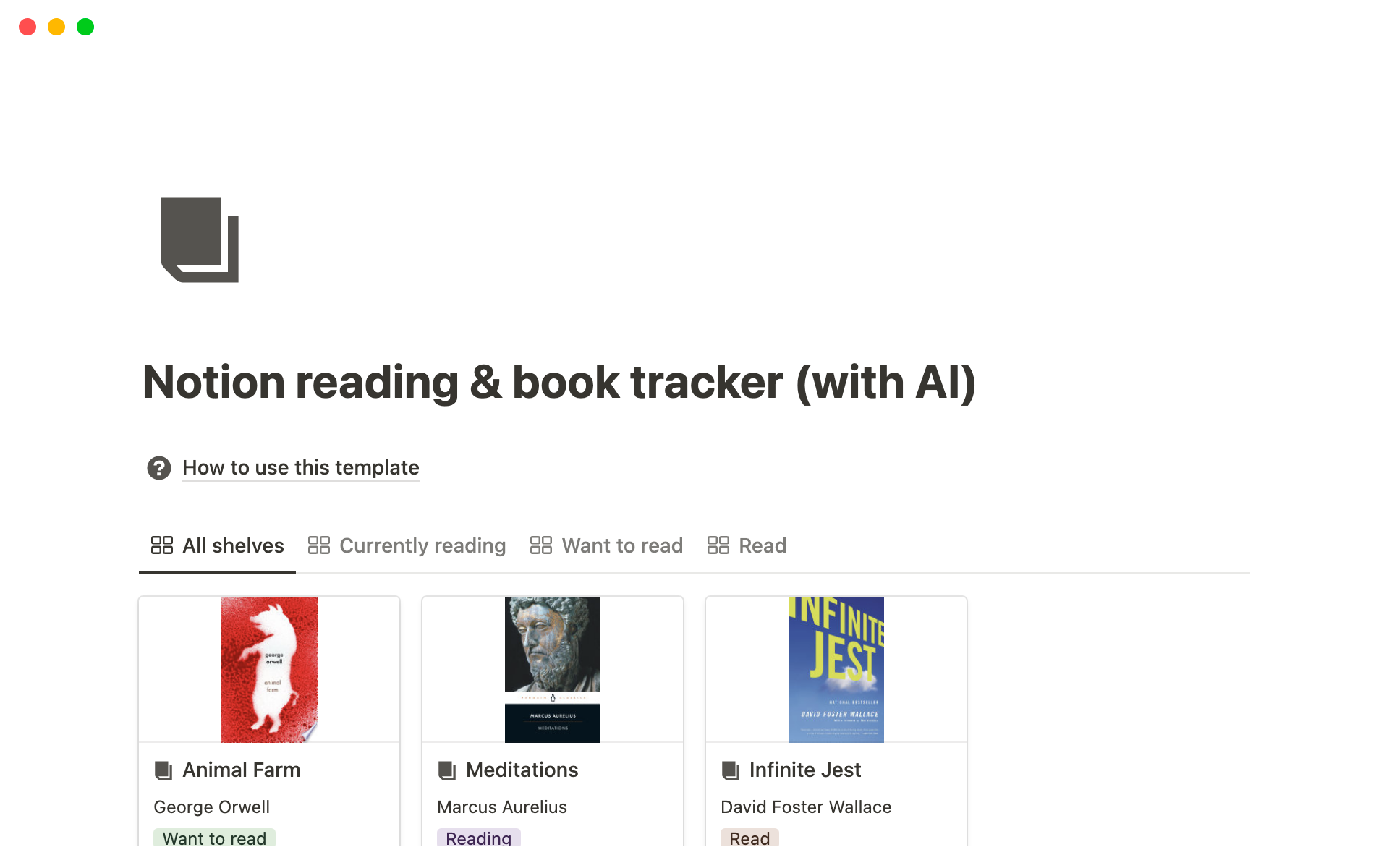 This template allows you to keep track of your current, new and future books. It also allows you to capture notes and get AI book recommendations based on the books in your library.