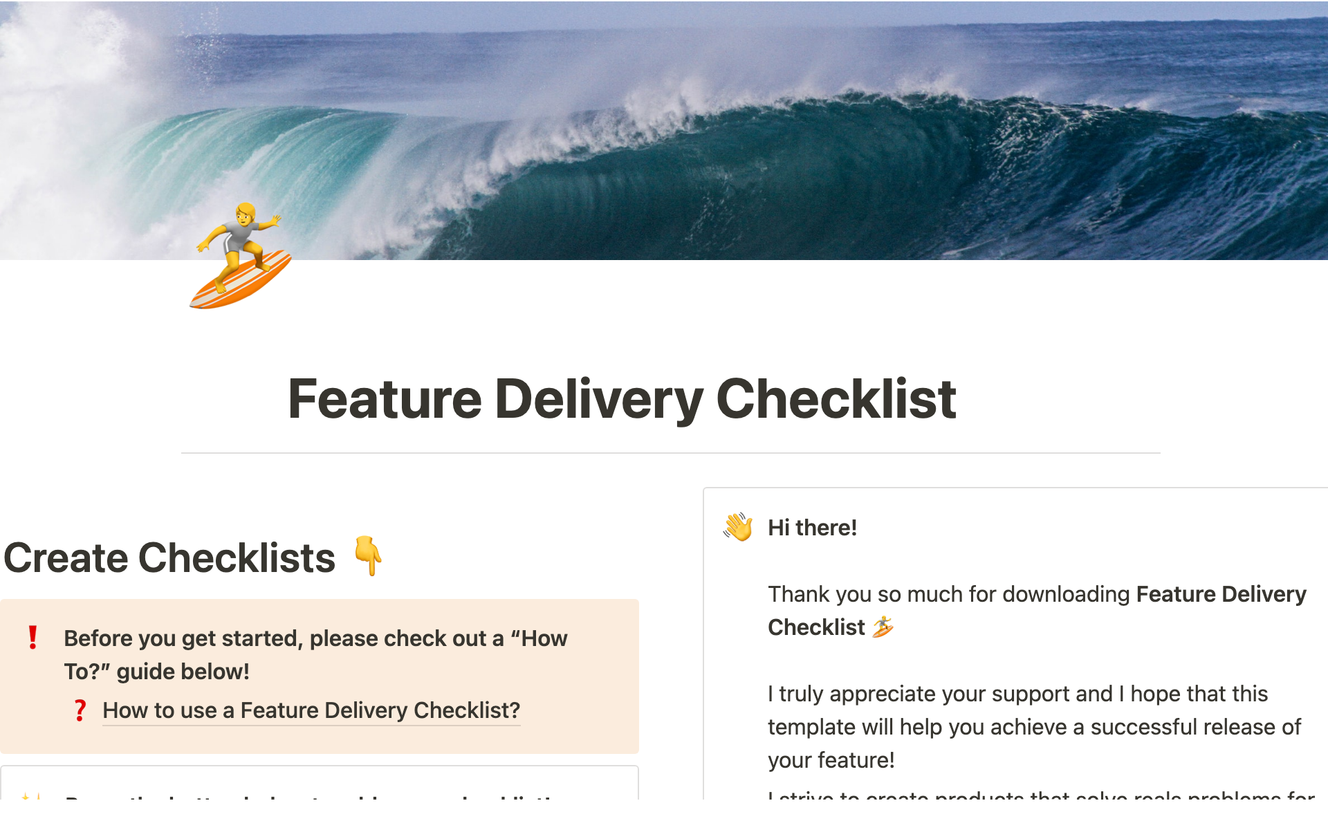A template preview for Feature Delivery Checklist