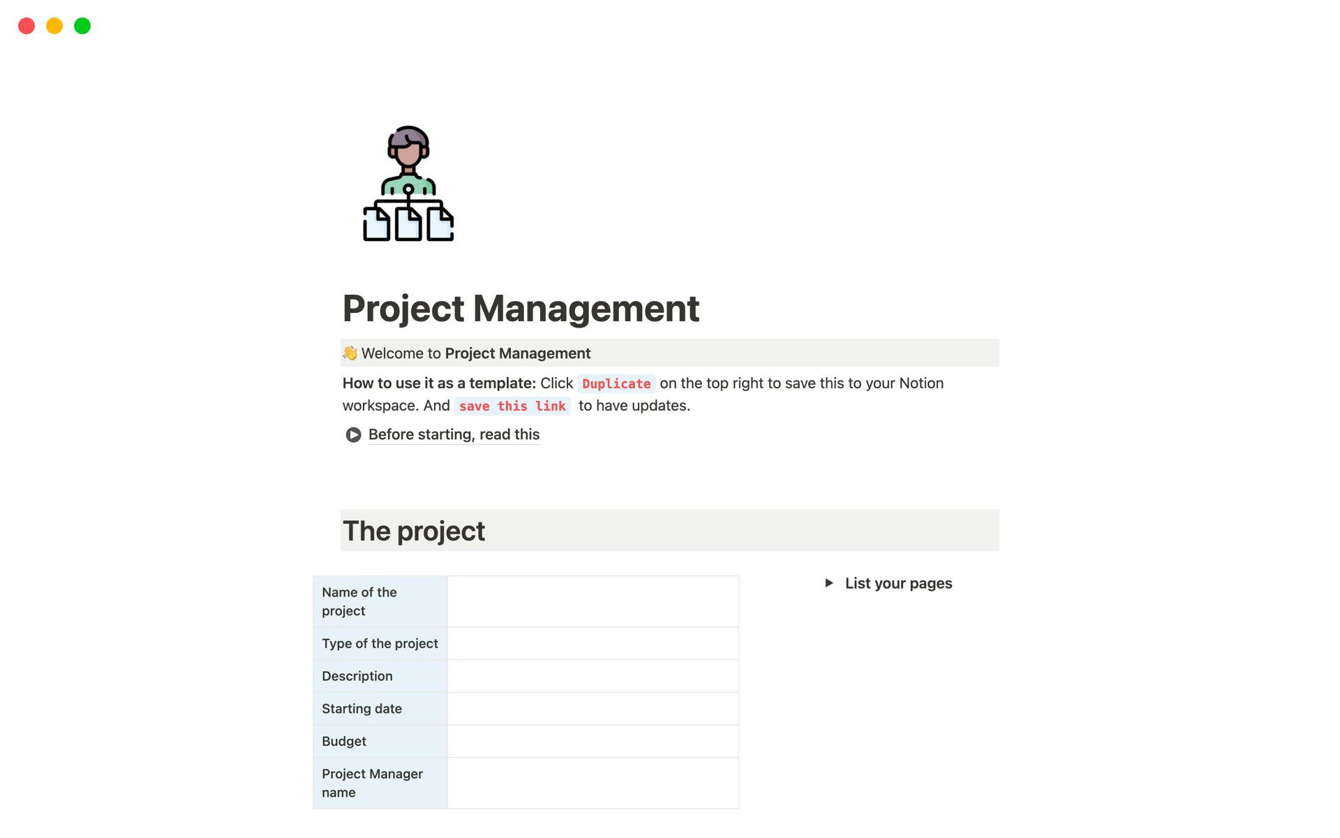 Aperçu du modèle de Project Management