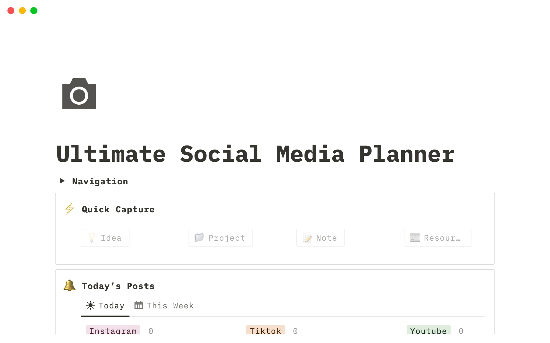 A simple template to capture your ideas for your social media platform. Capture ideas, plan and execute them.