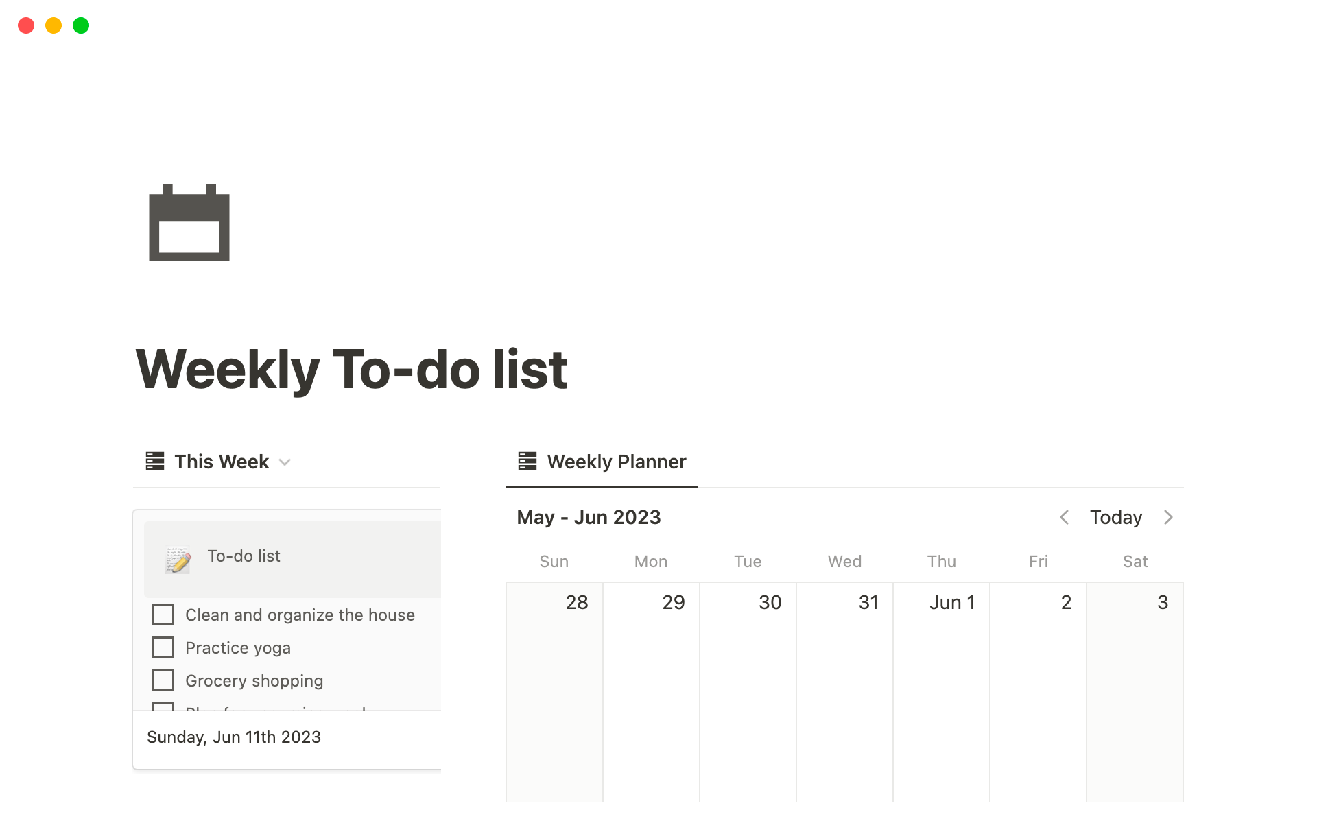 A template preview for Weekly To-do list