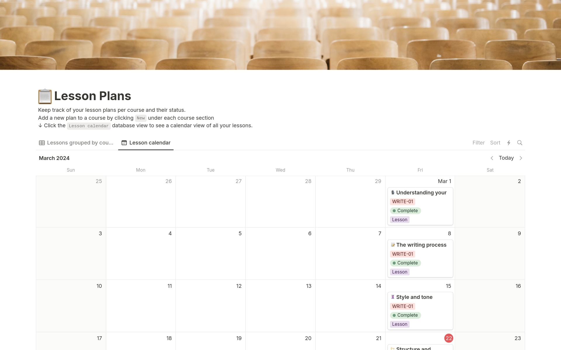 Effortlessly manage your teaching agenda with our Lesson Plans template. Track and update the status of your lessons for each course, and view your entire teaching schedule at a glance. Add, organize, and plan your lessons with ease to stay on top of your teaching game.
