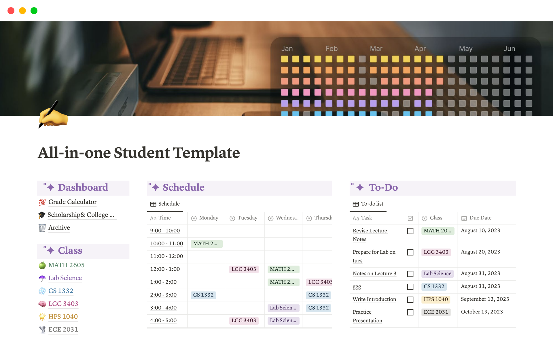 An all-in-one template for a student's academics and extracurricular life