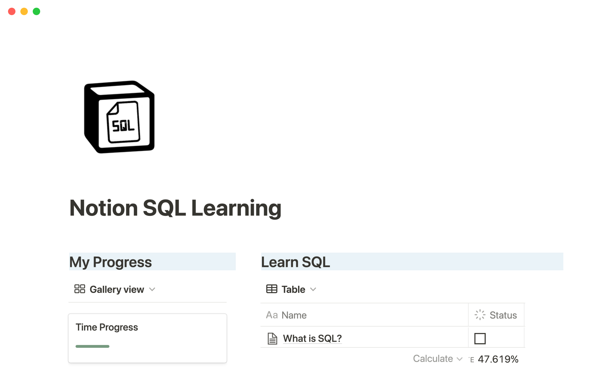 A template preview for SQL Learning