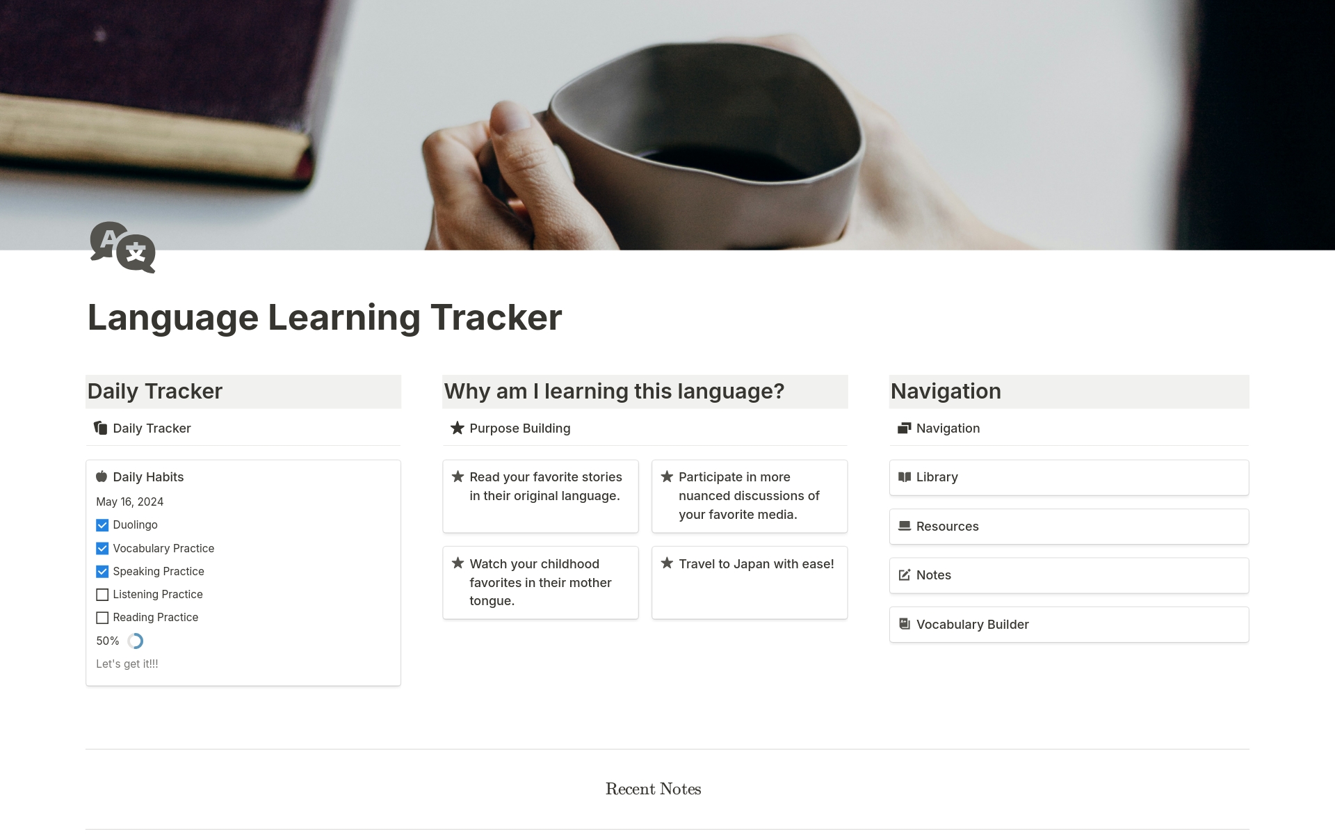 Vista previa de plantilla para Language Learning Tracker