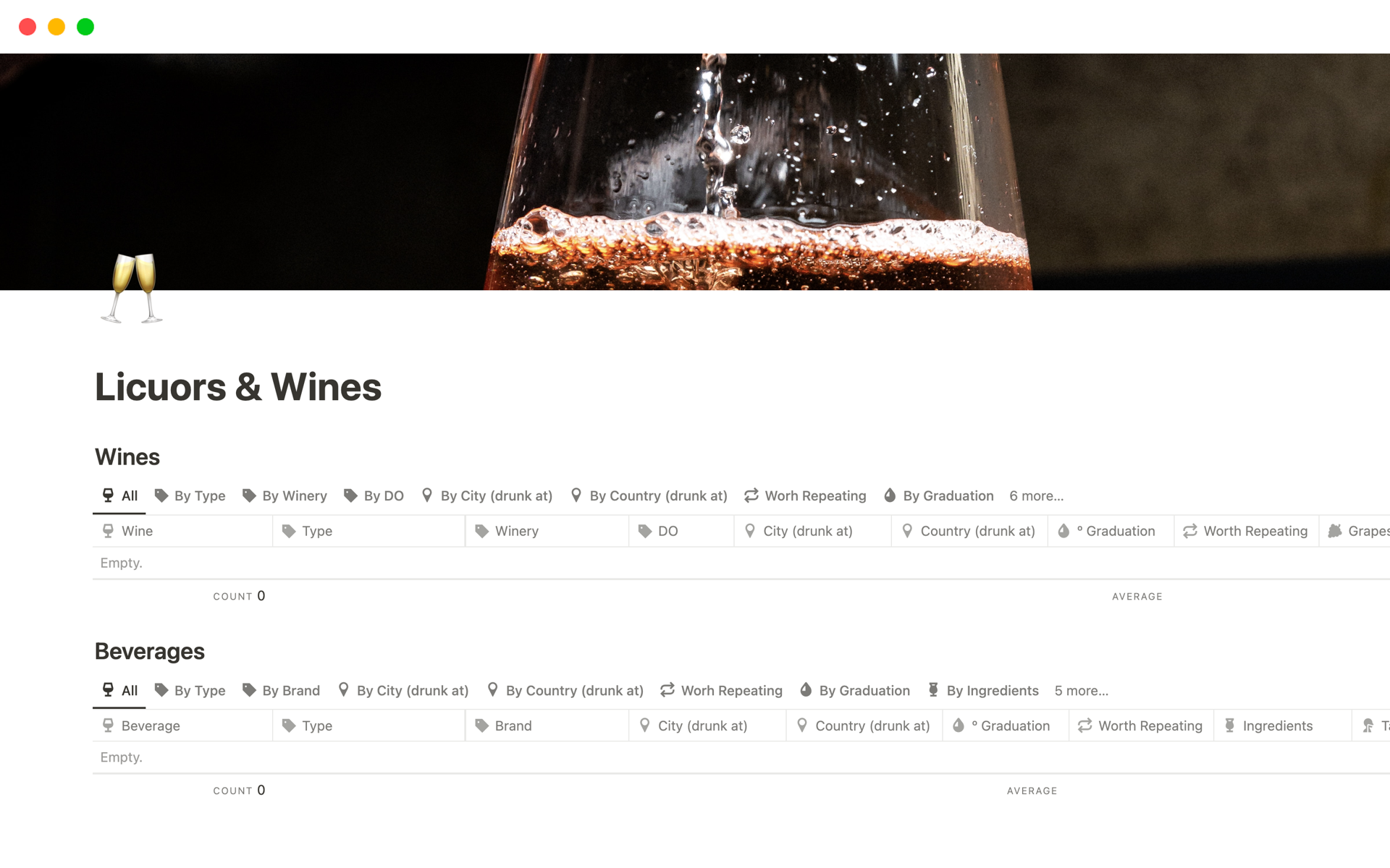 Elevate your beverage journey and effortlessly manage your wine collection or any other drinks with our customizable Wines and Beverages Tracking Notion Template, providing detailed views and filters for a more organized and enjoyable tasting experience.