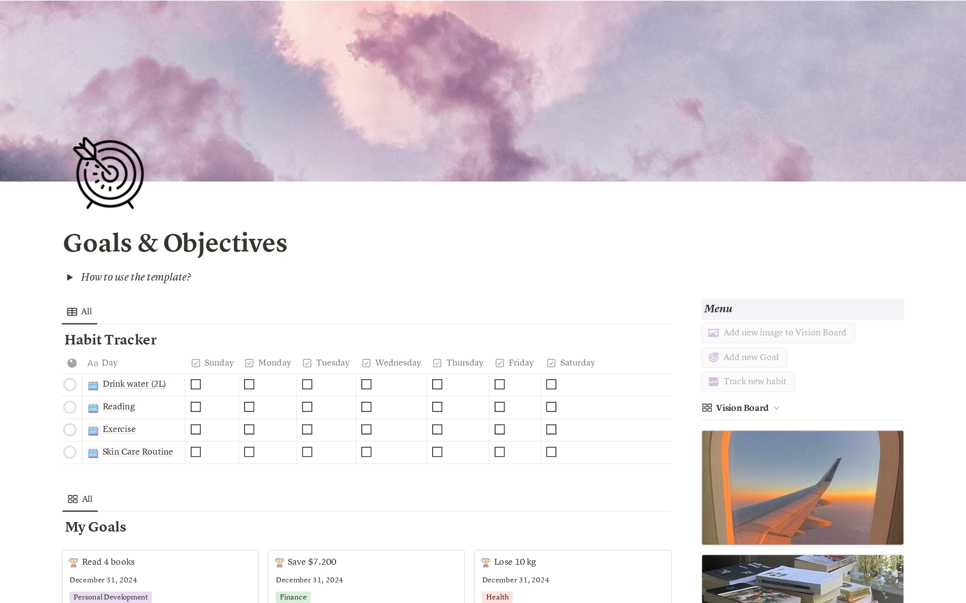 Elevate productivity with our 'Goals and Objectives' template! Streamline goal-setting, tracking, and attainment for clarity, focus, and progress. Define goals, track milestones, and cultivate daily habits. Start your journey to success today!