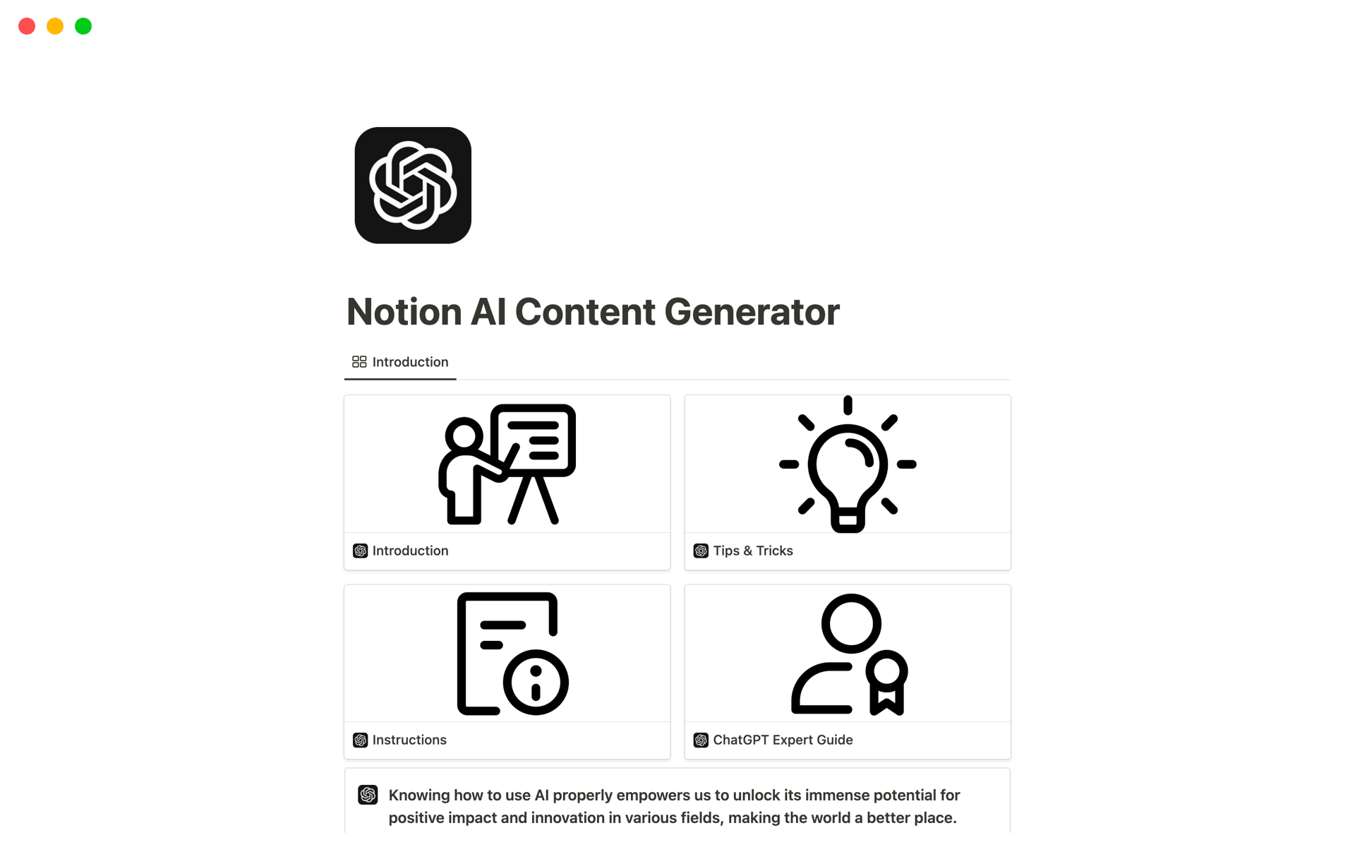 Vista previa de una plantilla para Notion AI Content Generator