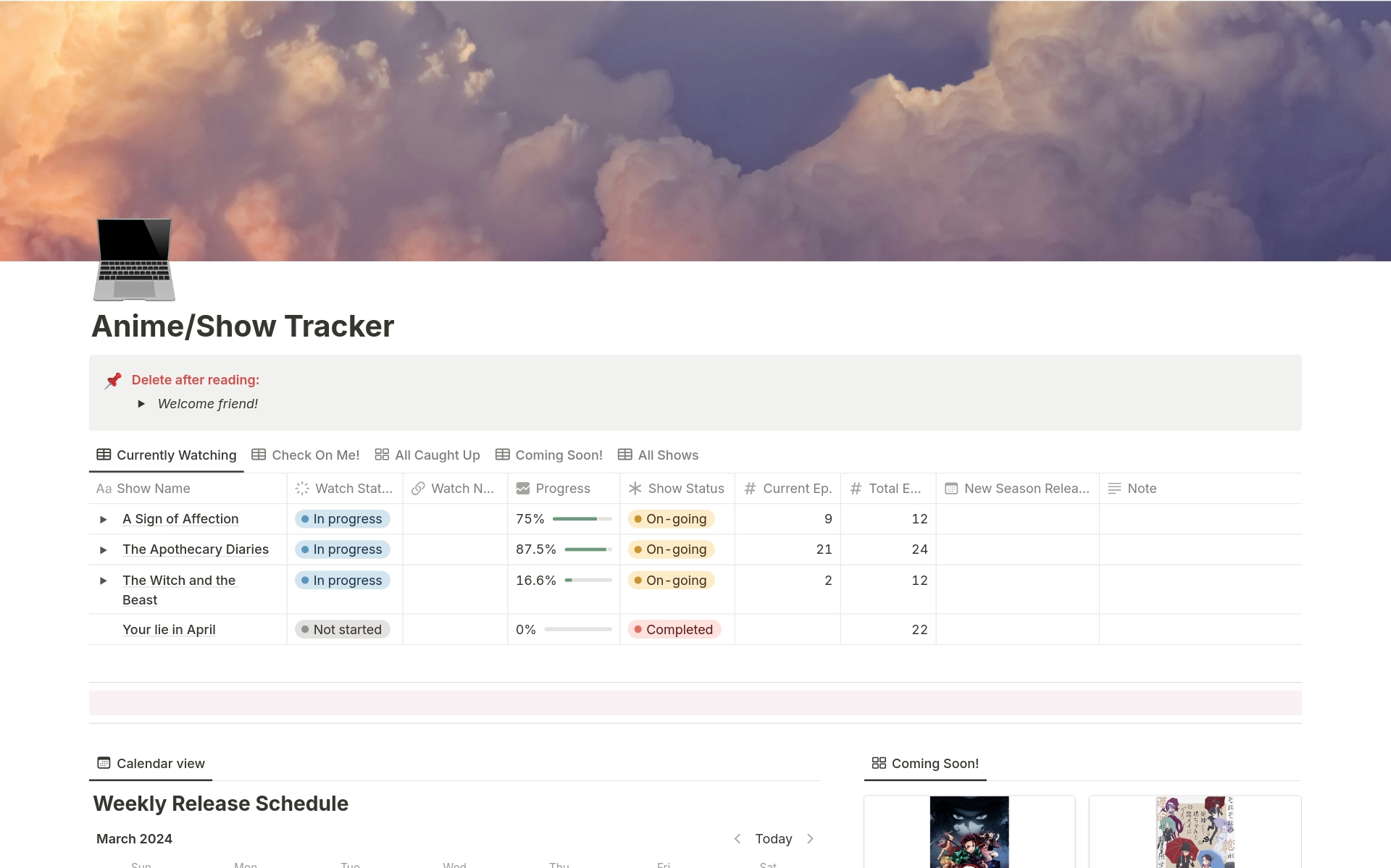 A template preview for Anime/Show Tracker