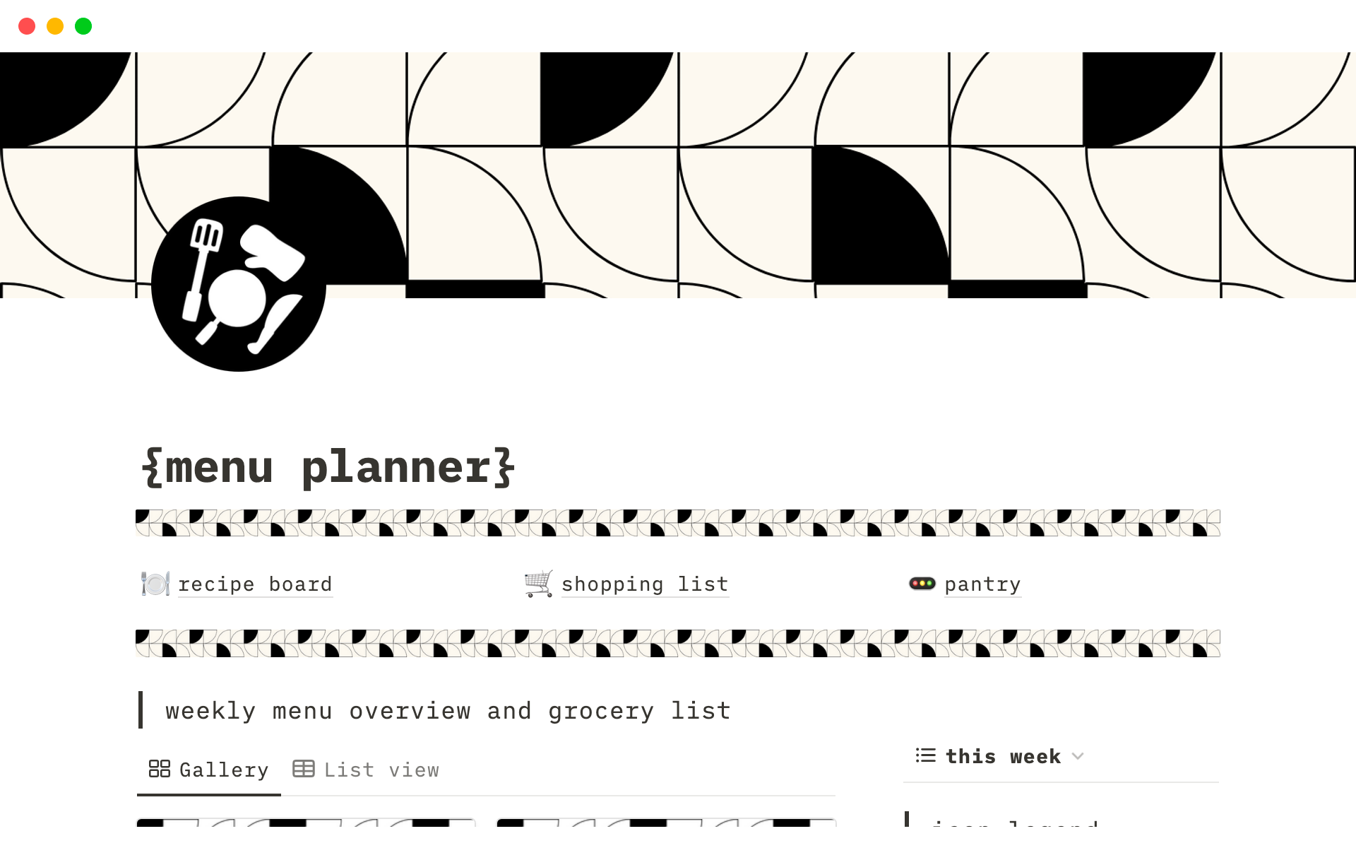 A template preview for Menu planner