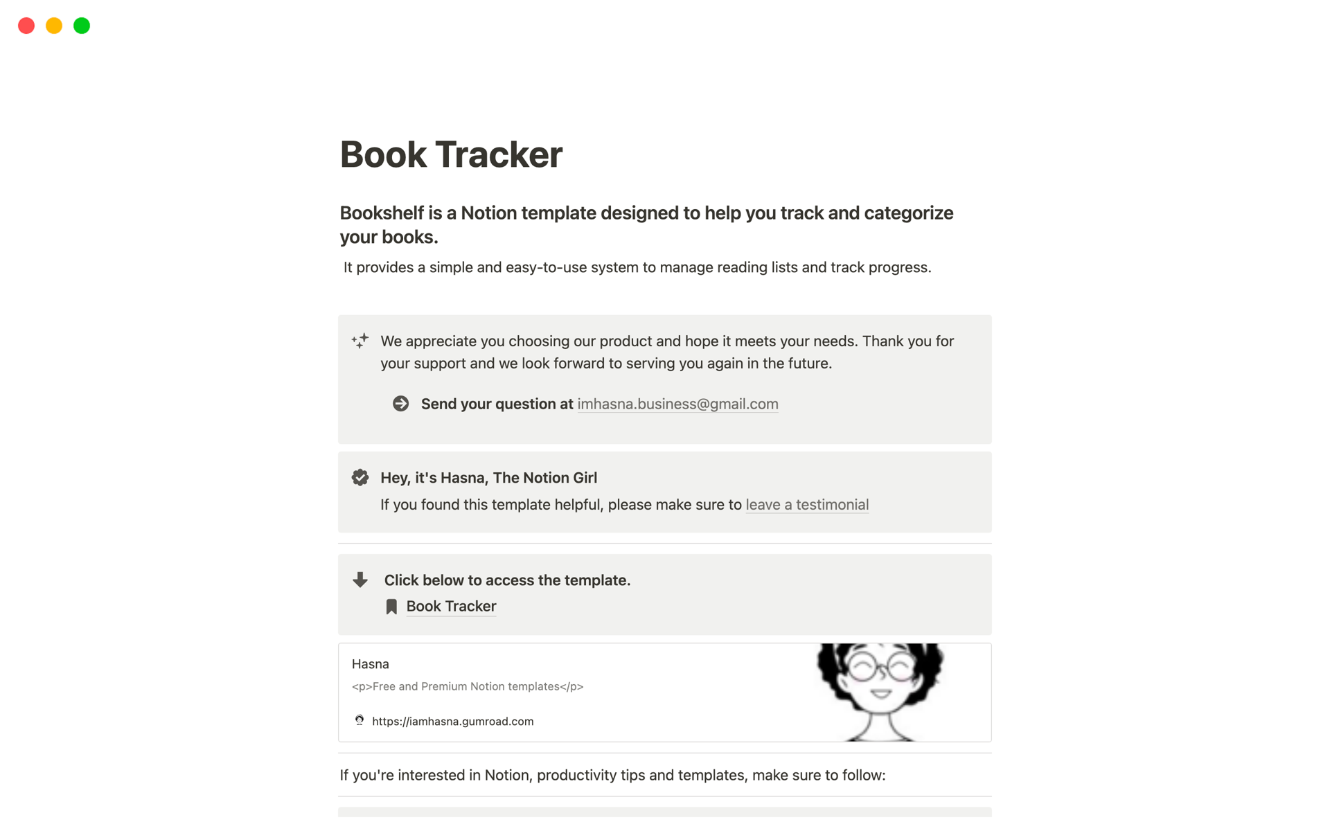 En forhåndsvisning av mal for Notion book Tracker
