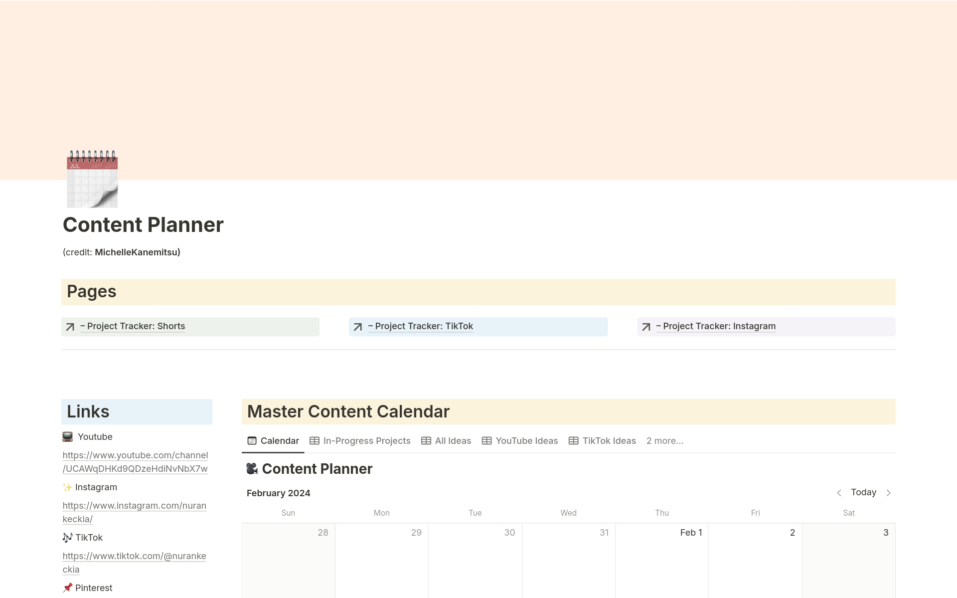 This is a content creation template you can use to organize and schedule your content throughout each month. This will help you stay productive, brainstorm ideas, and keep track of your content. 