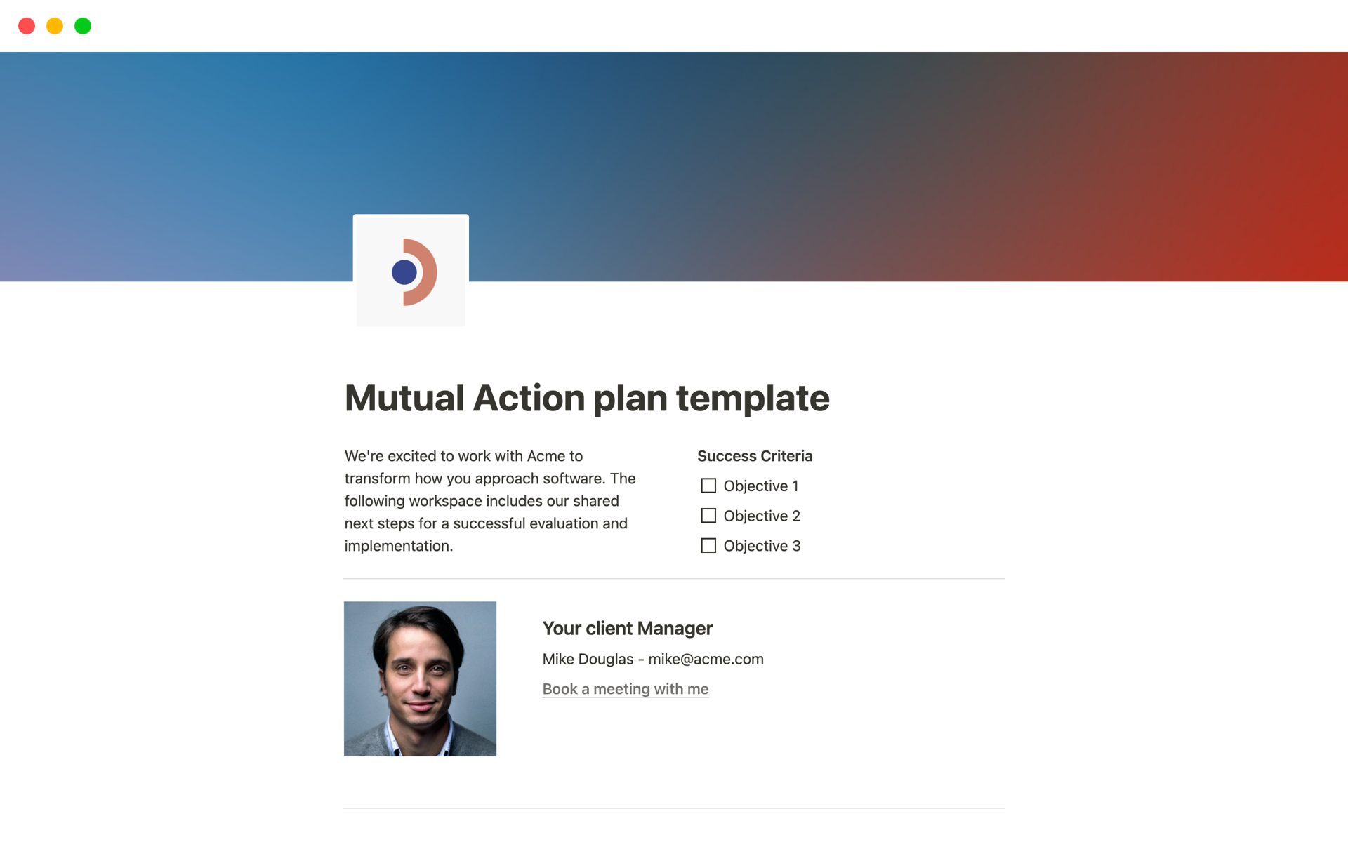 A template preview for Mutual Action plan template