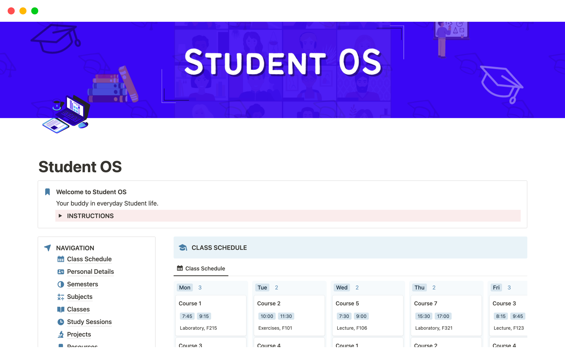 A template preview for Student OS