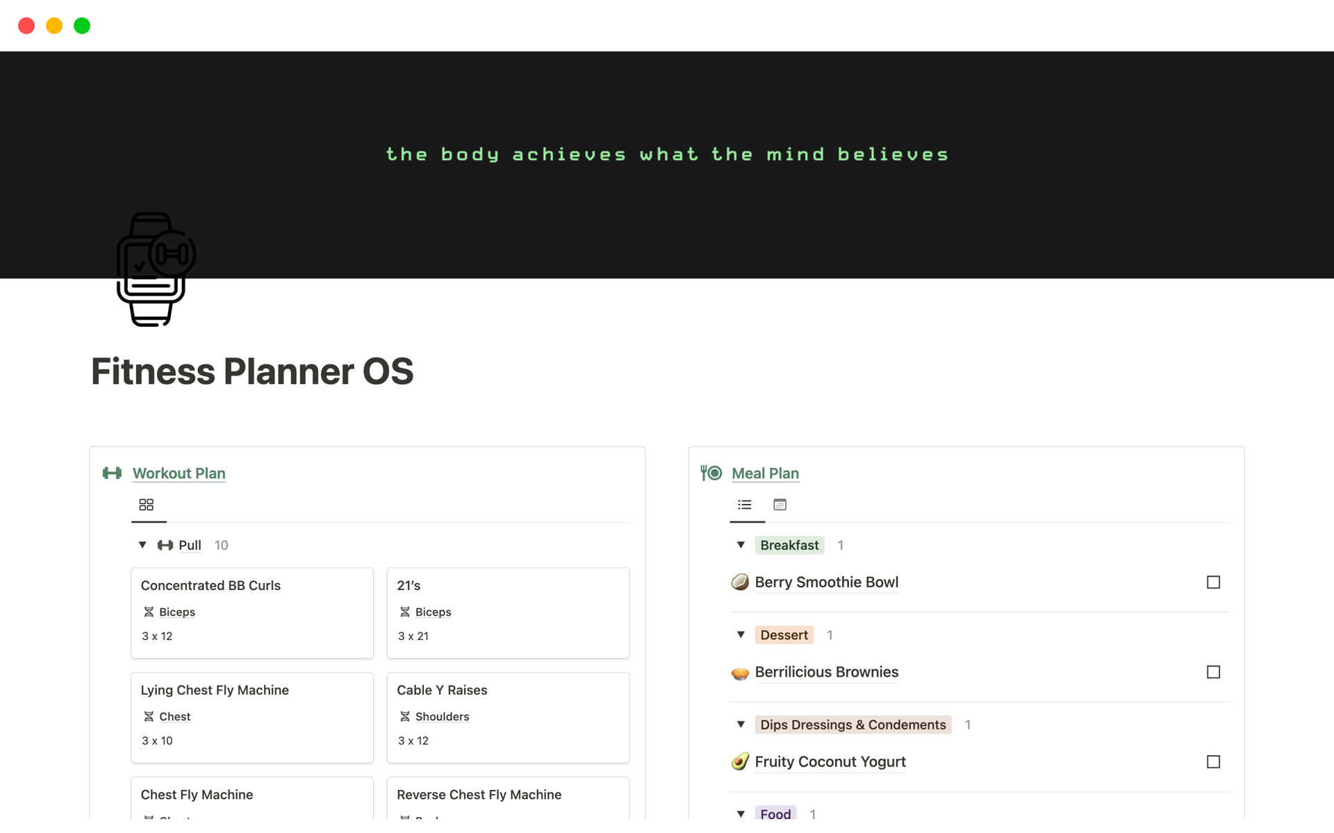 A template preview for Fitness Planner OS